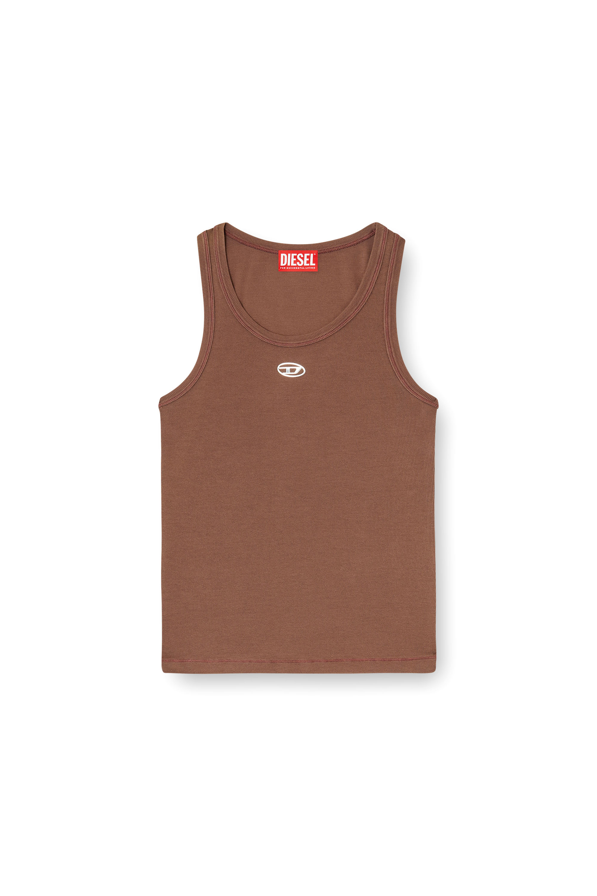 Diesel - T-ANKI-OD, Damen Schmal geschnittenes, geripptes Tanktop mit metallischem Oval D in Braun - 2