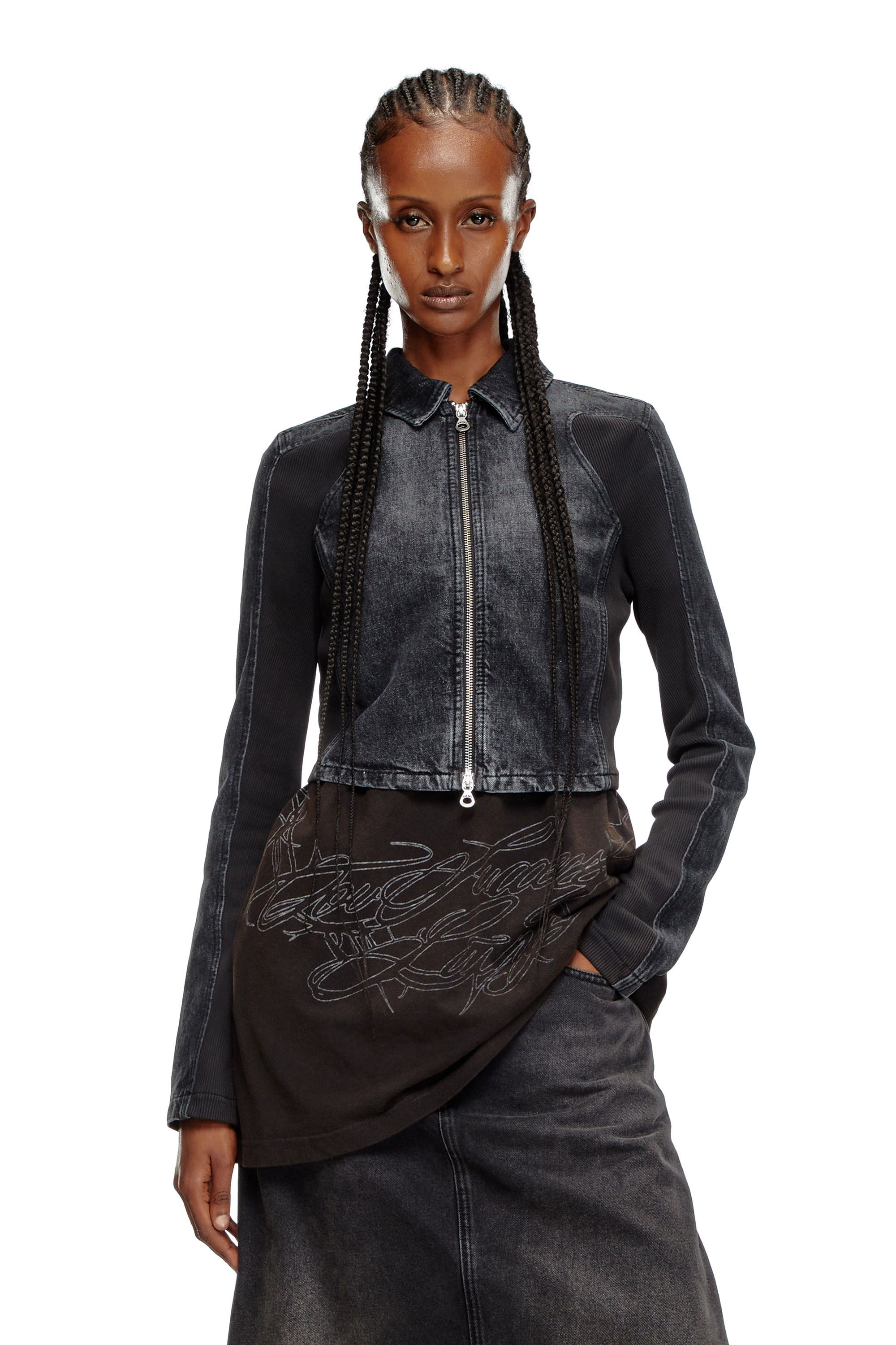 Diesel - DE-SYLEN-S, Damen Kurze Denimjacke mit gerippten Eins&auml;tzen in Schwarz - 3