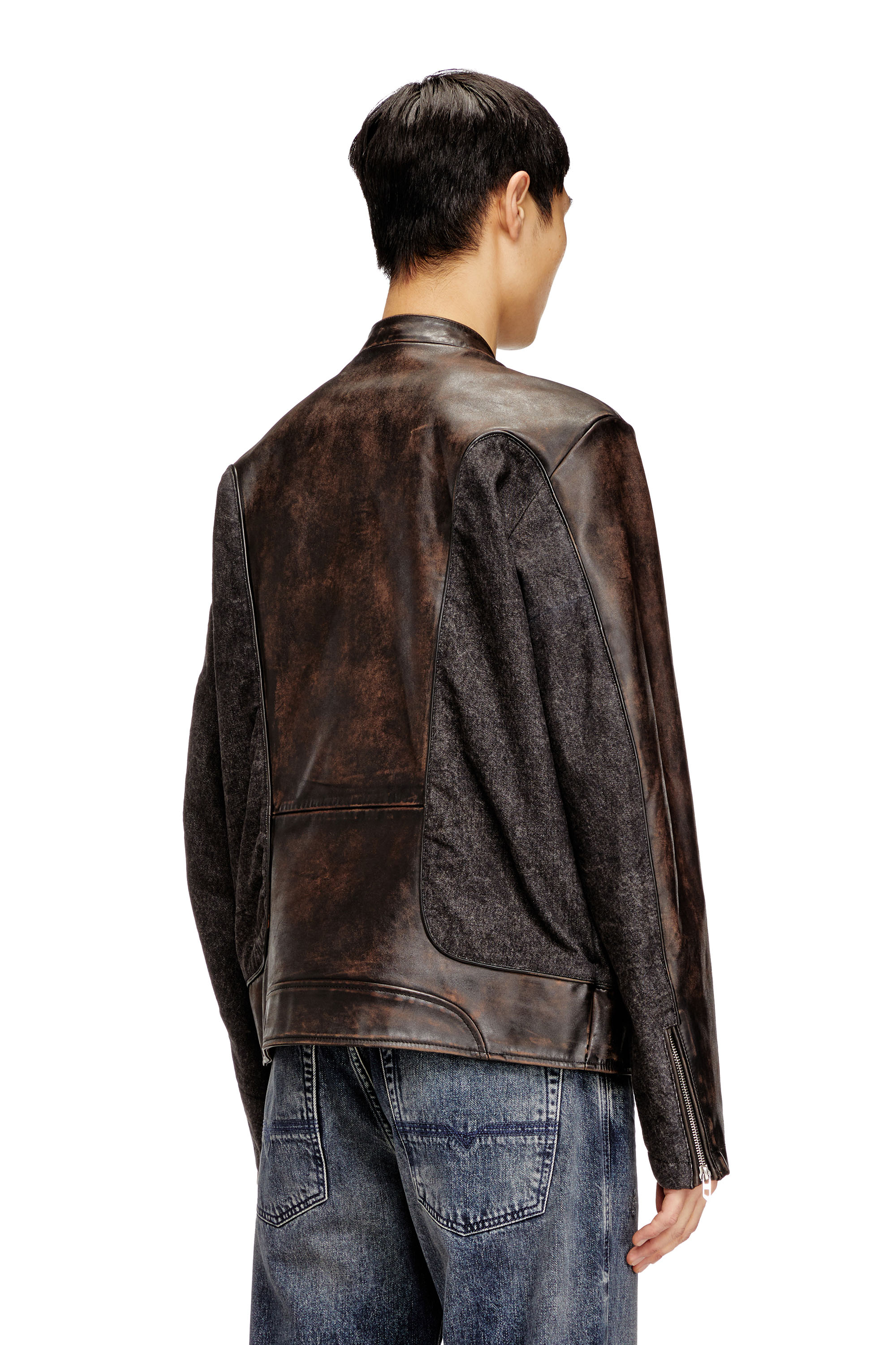 Diesel - L-KRILL-DNM, Herren Jacke im Bikerstil mit Paspelierung aus Leder und Denim in null - 4