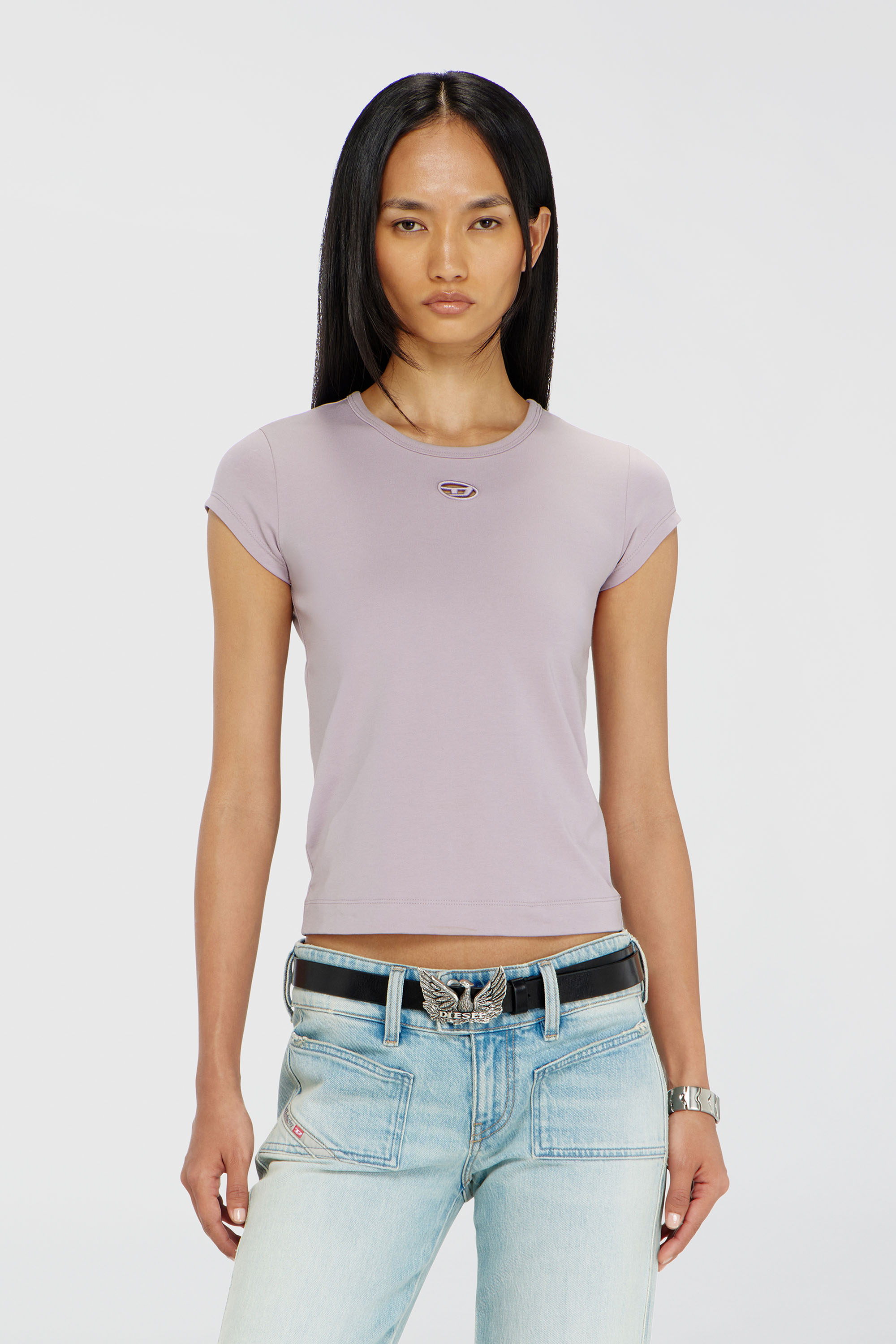 Diesel - T-ANGIE-OD, Damen T-Shirt mit ausgeschnittenem, besticktem Logo in Lila - 3