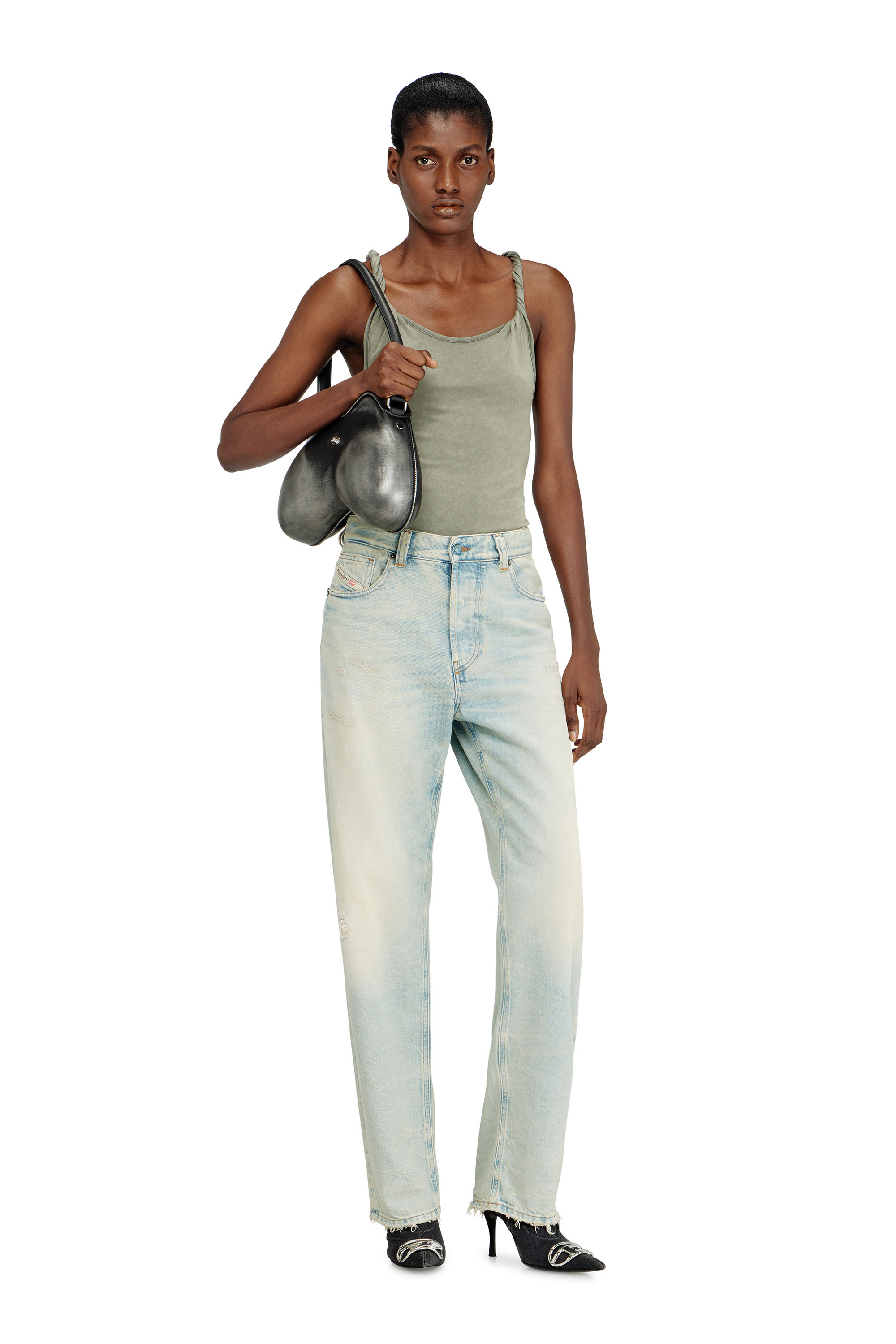 Diesel - DOUBLE-D SHOULDER, Damen Double-D-Feste Schultertasche aus geb&uuml;rstetem PU in Schwarz/Silber - 6