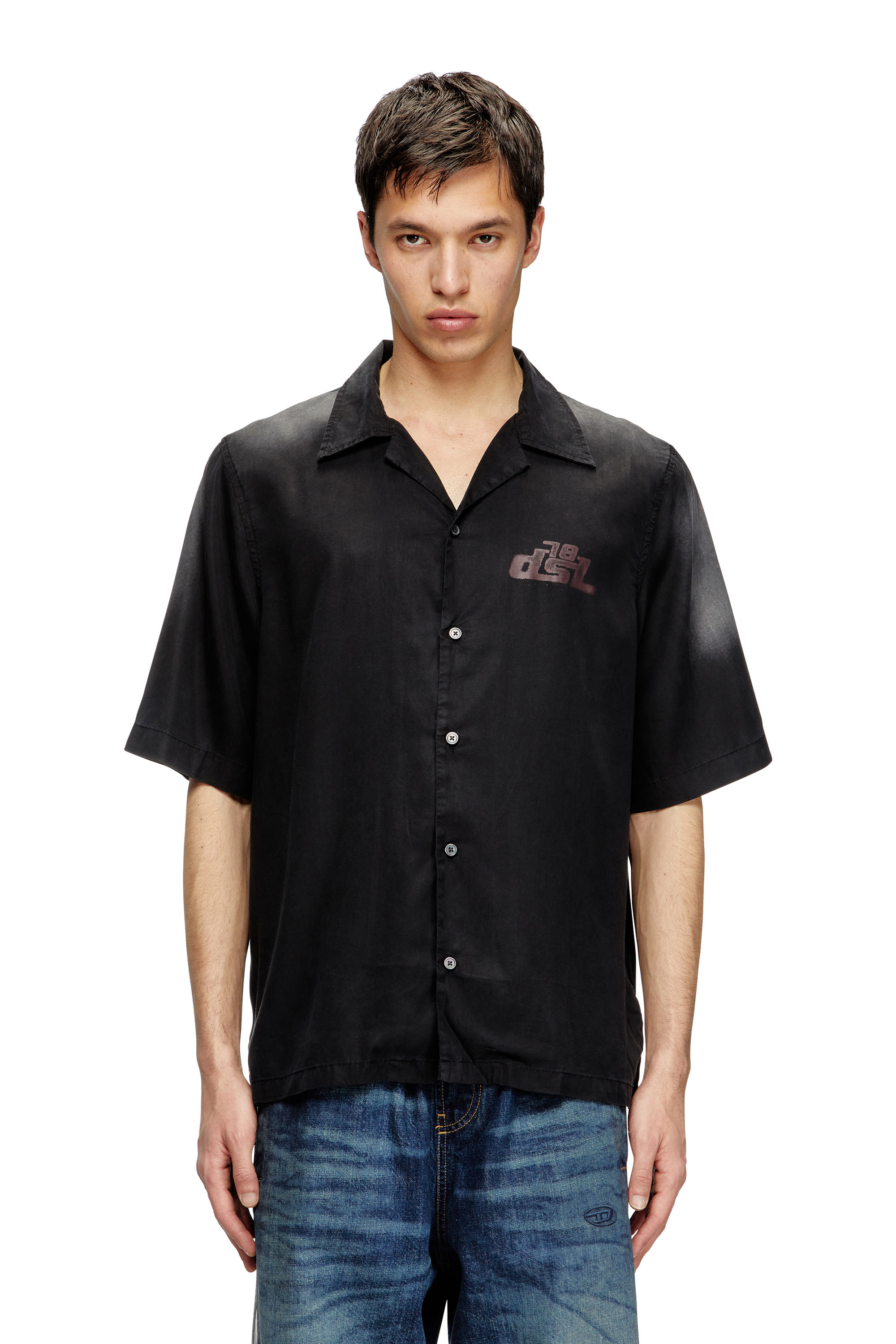 Diesel - S-ELLY, Herren Verblasstes Bowling-Hemd mit Logo-Prints in Schwarz - 1