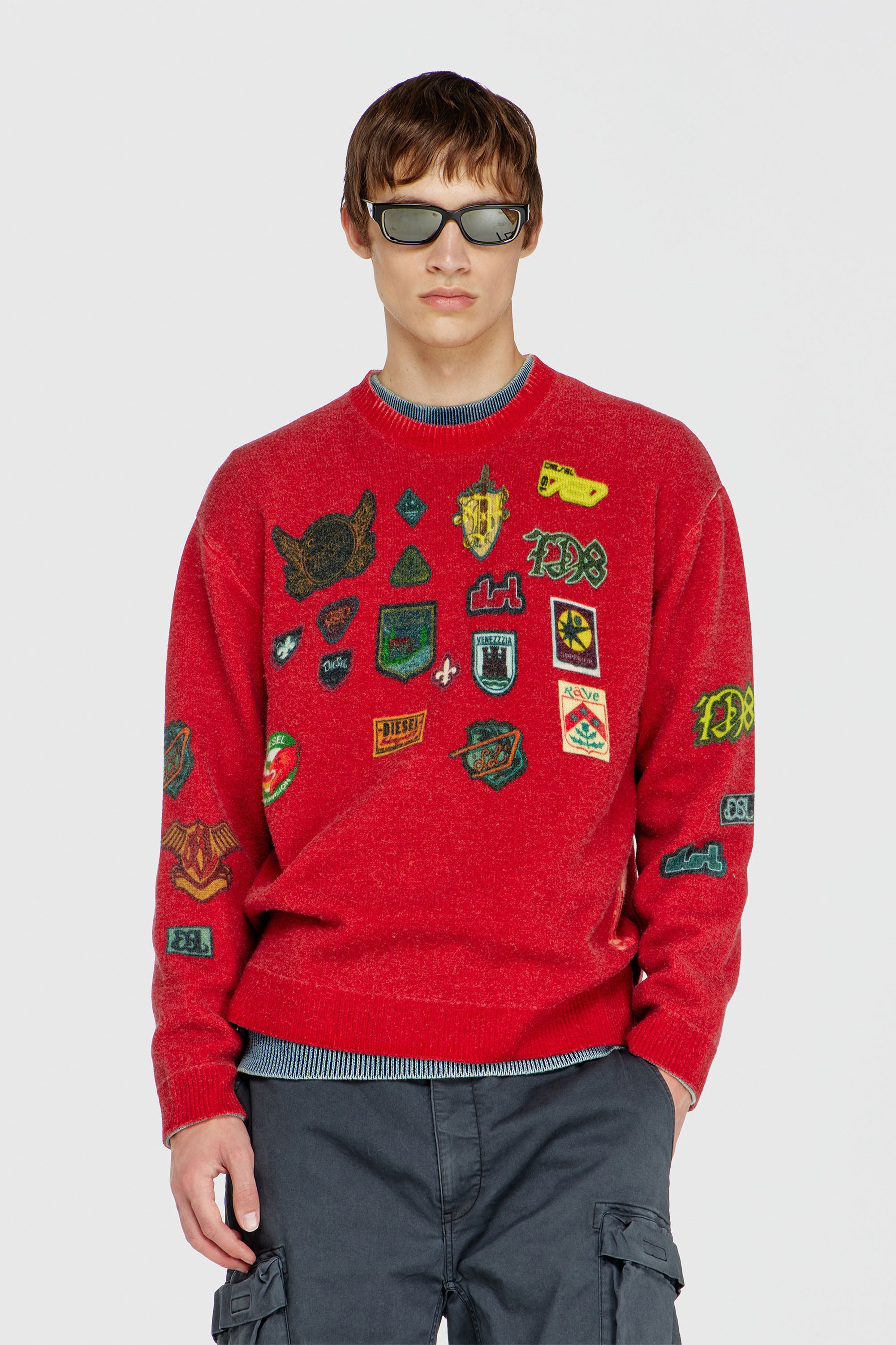 Diesel - K-PATCY, Herren Wollpullover mit bedruckten patches in Rot - 1