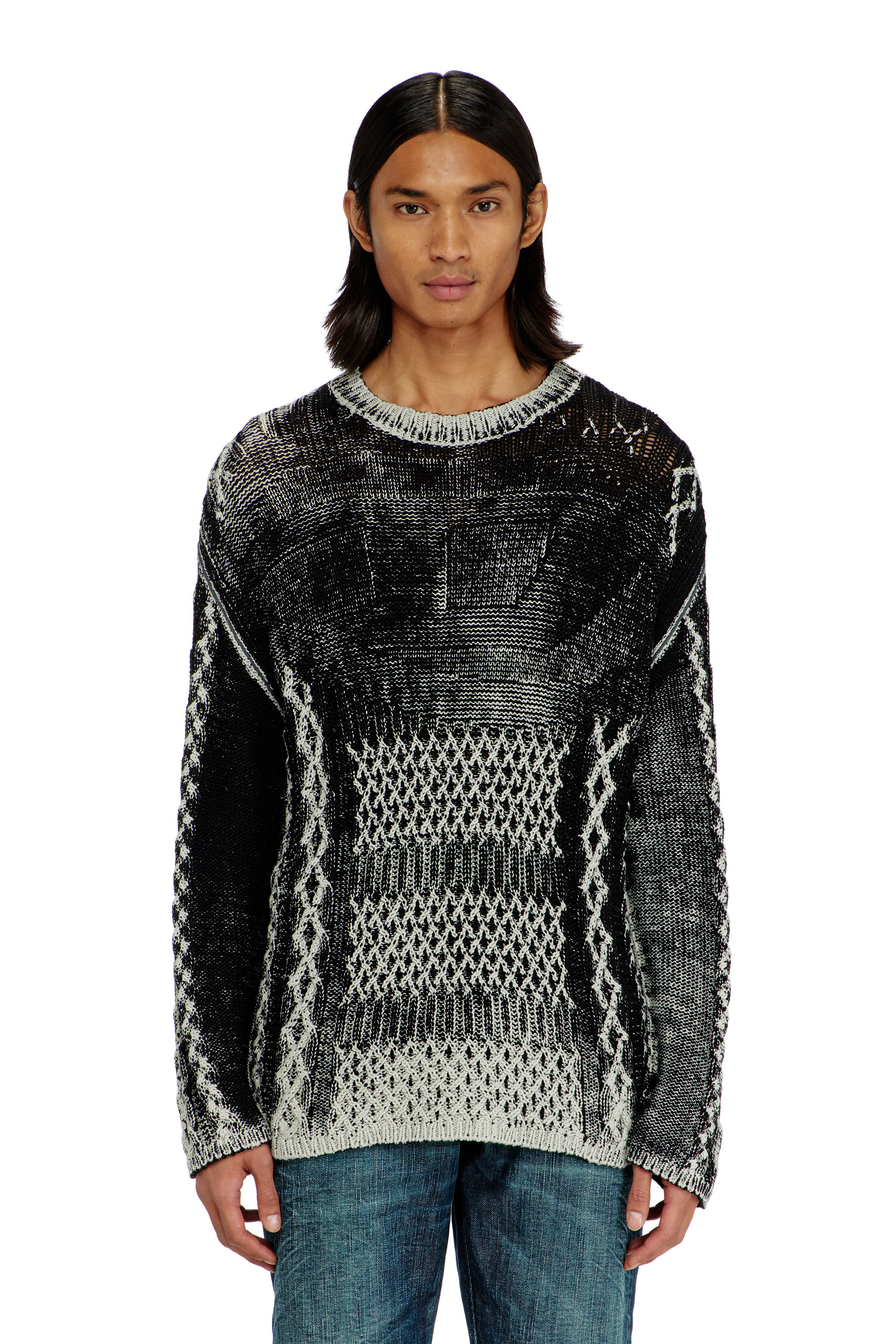 Diesel - K-MIONE, Herren Treated cable-knit Pullover in Grau/Schwarz - 1