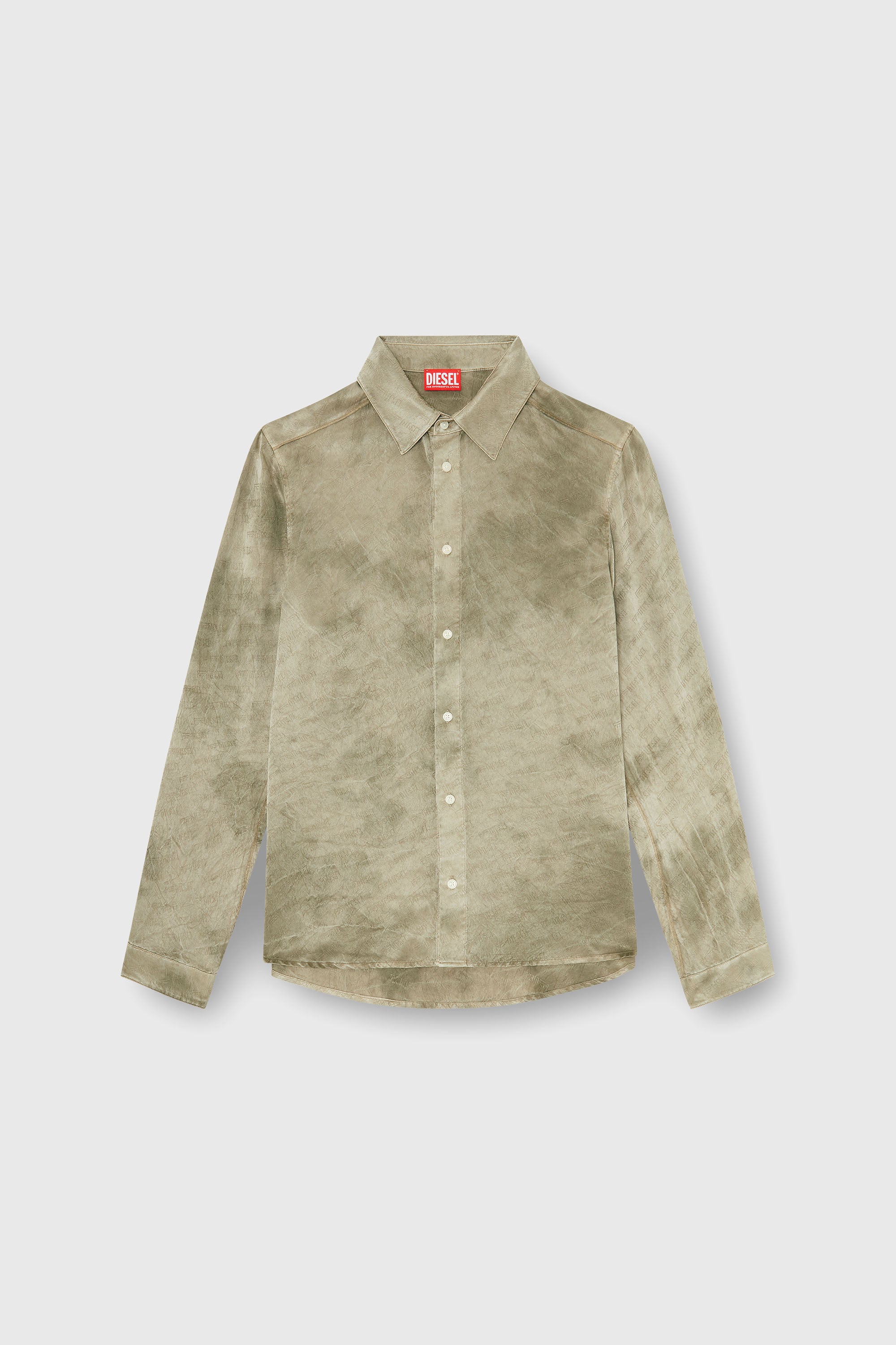 Diesel - S-KISSY-HNBW, Man's Shirt in logo-jacquard crinkled satin in Light Brown - 2