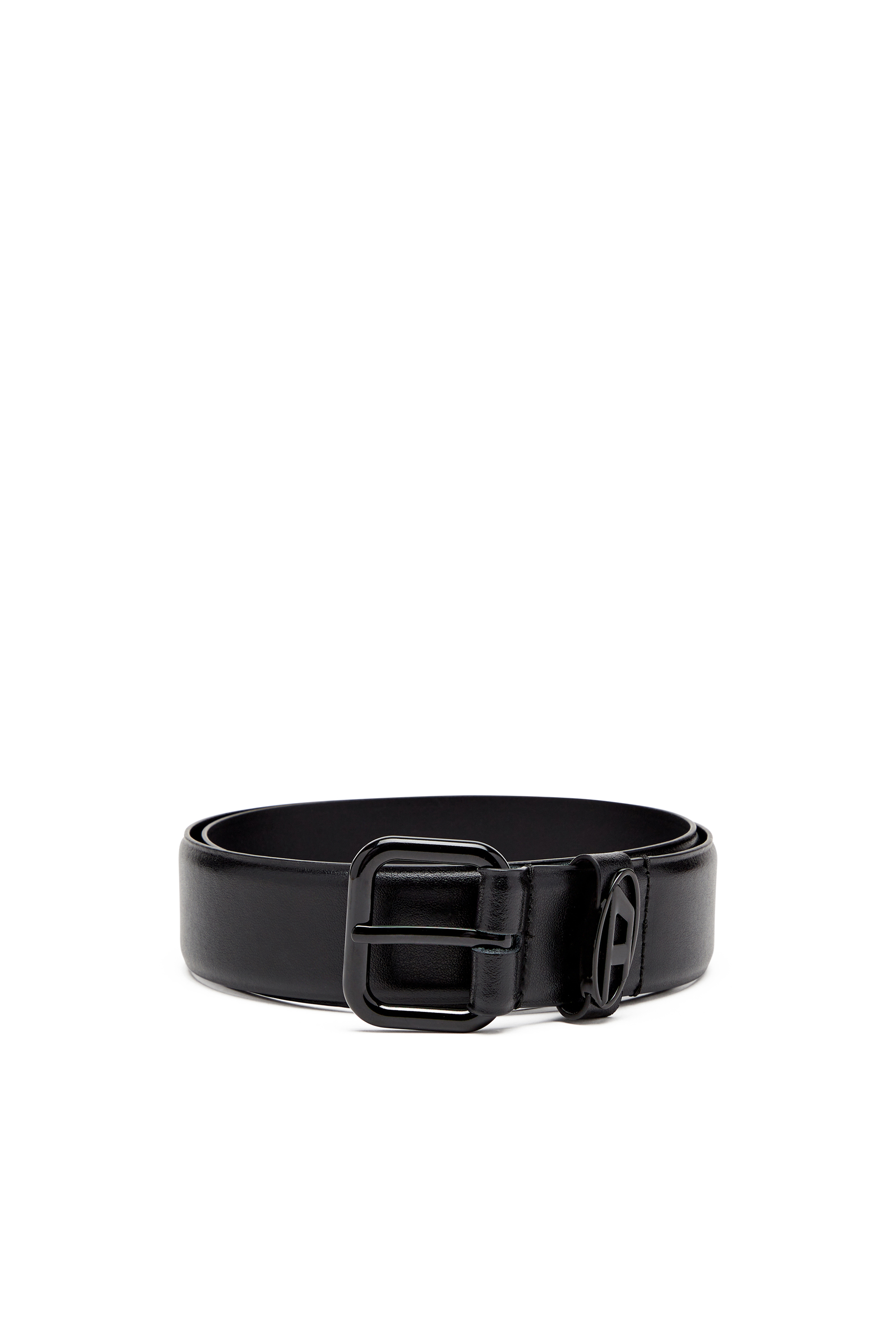 Diesel - B-1DR OVAL D LOOP, Unisex's Logo-plaque embellished leather belt in Bright Black - 1