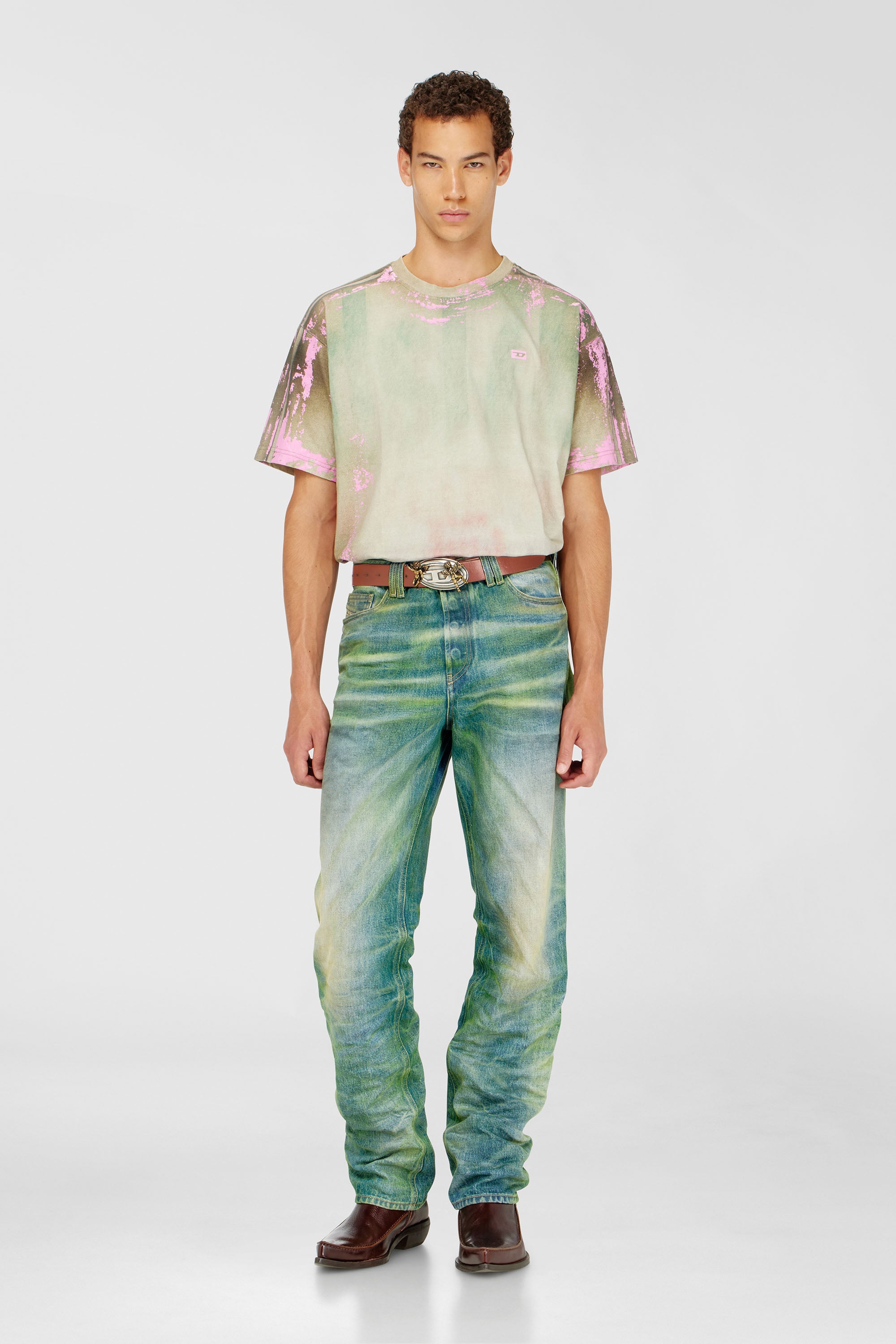 Diesel - T-FILMY-SHO, Herren T-Shirt aus Jersey mit Leder-Crack-Effekt in Rosa/Gr&uuml;n - 1