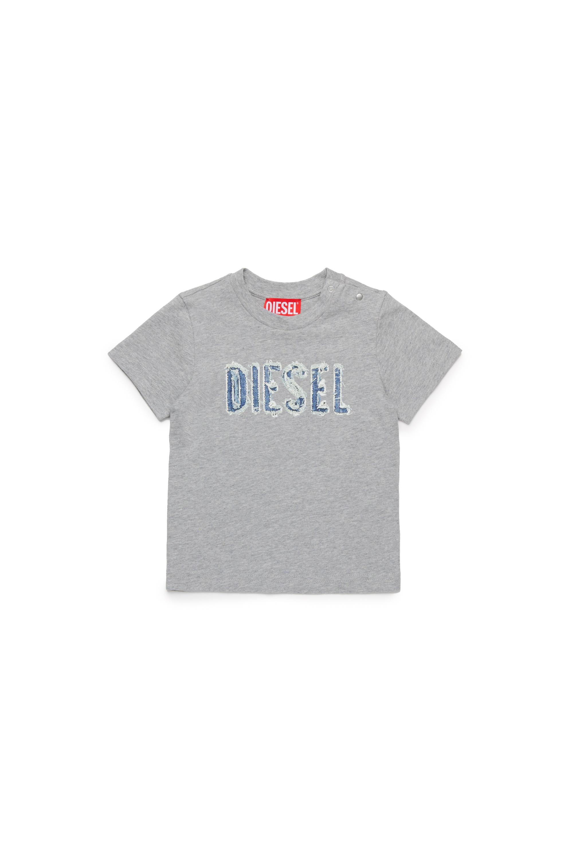 Diesel - TLULLIB, Herren T-Shirt mit ausgefranstem Logo aus Denim in Grau - 1