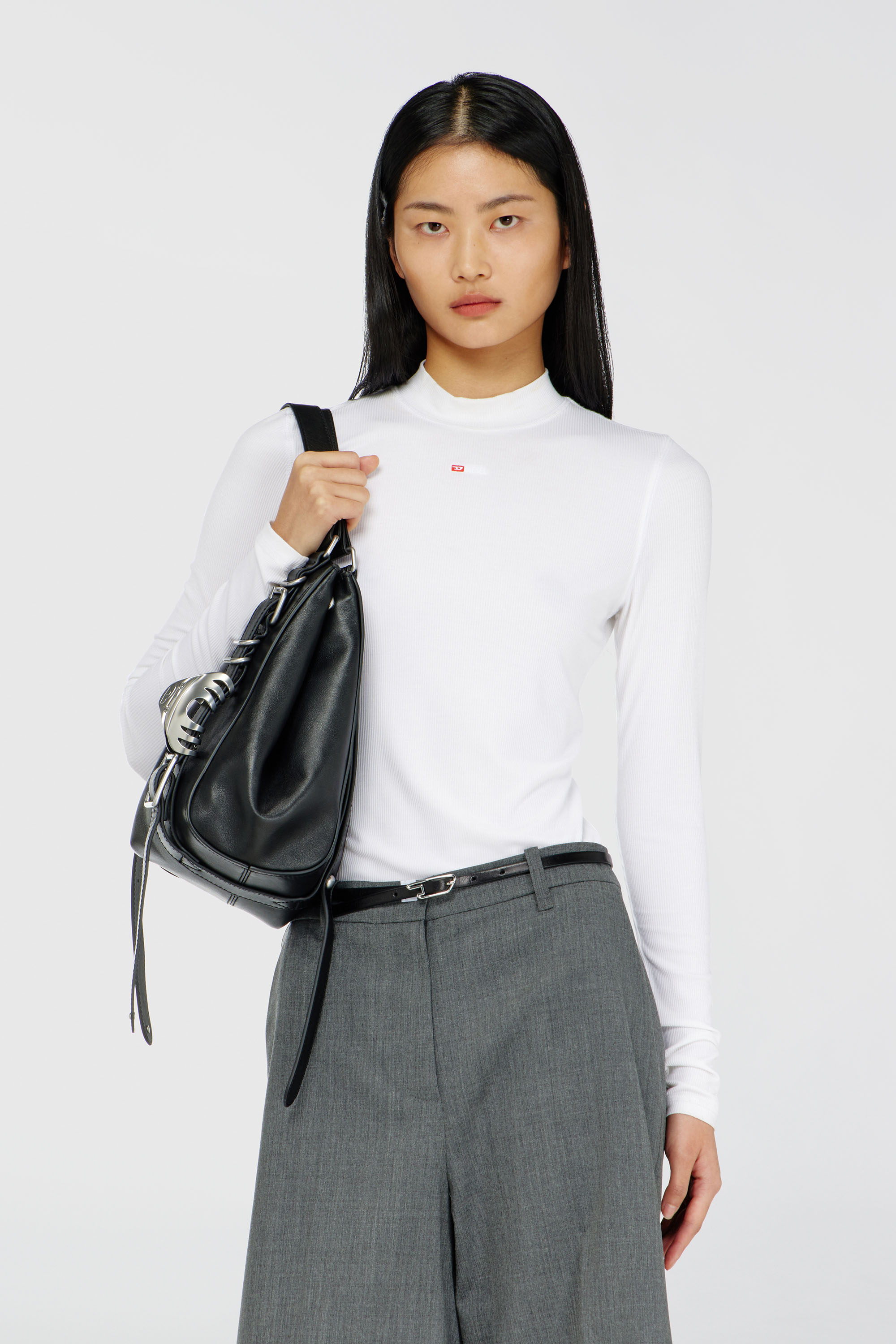 Diesel - T-MOKKY-LS-MICRODIV, Damen Geripptes Top mit Zierkragen in Wei&szlig; - 1