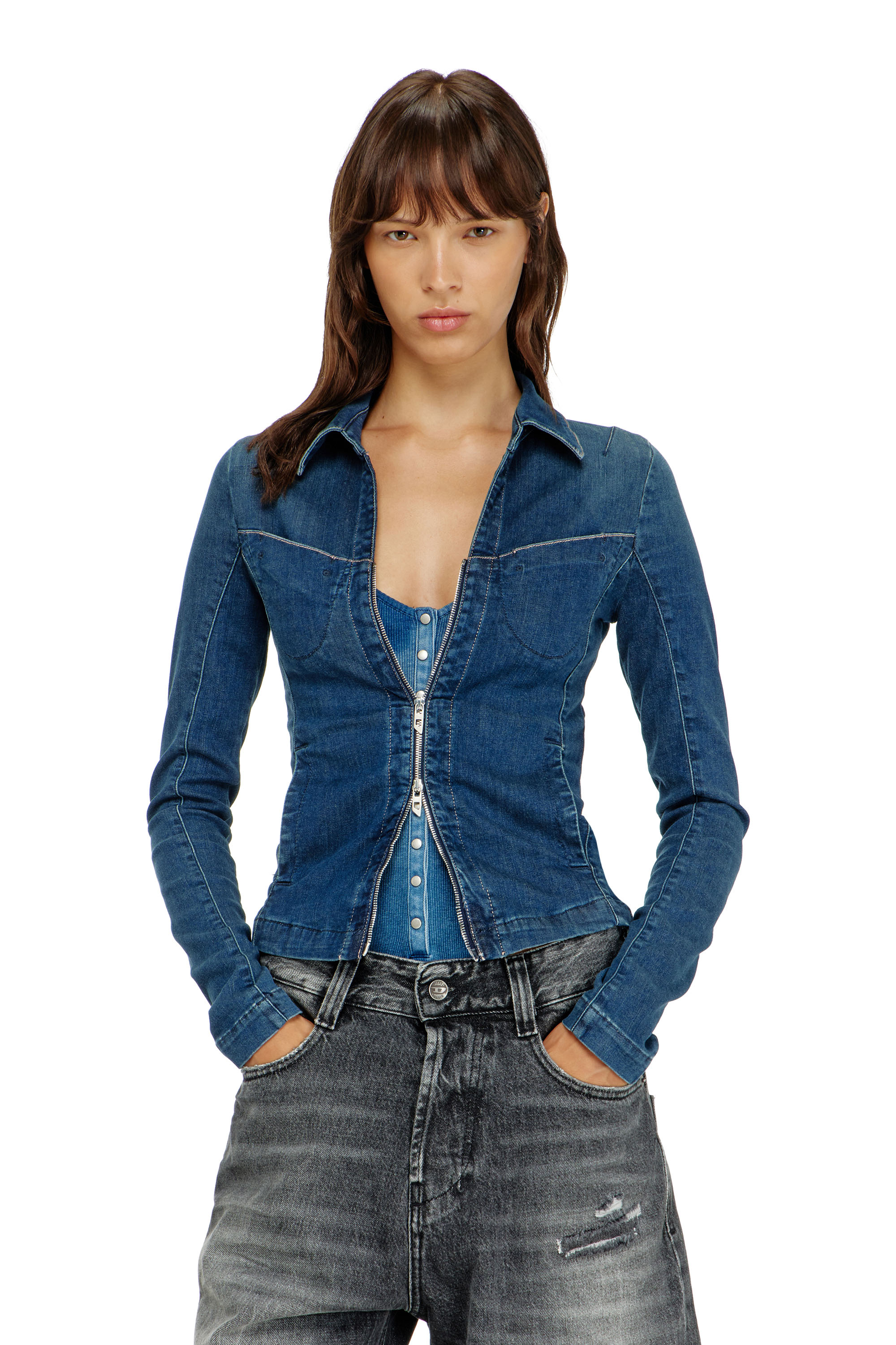 Diesel - DE-QUINOR-S1, Damen Hemd mit Rei&szlig;verschluss aus denim in Mittelblau - 1