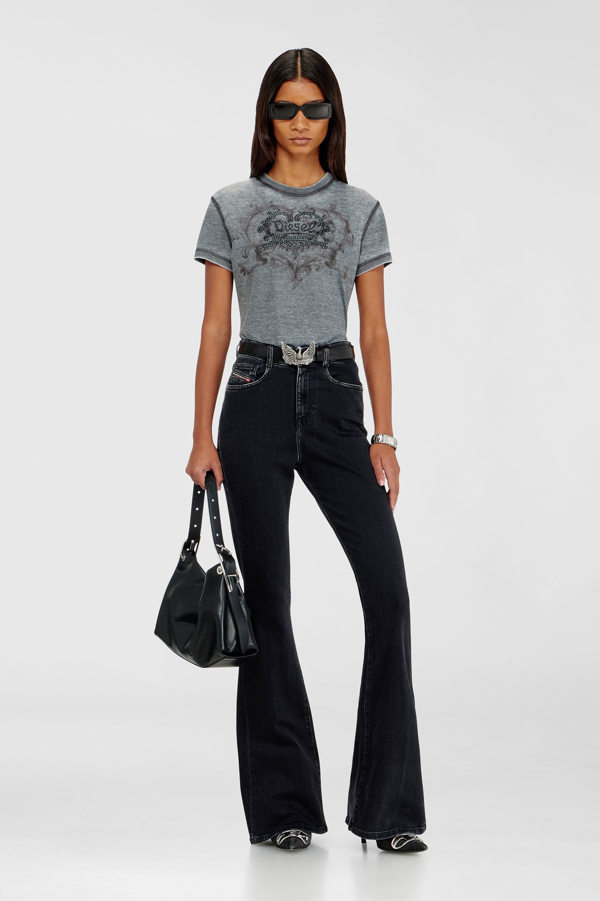 Diesel - T-ILA-AA1, Damen Jersey-T-Shirt mit Strasssteinen und burnout effect in Grau - 2