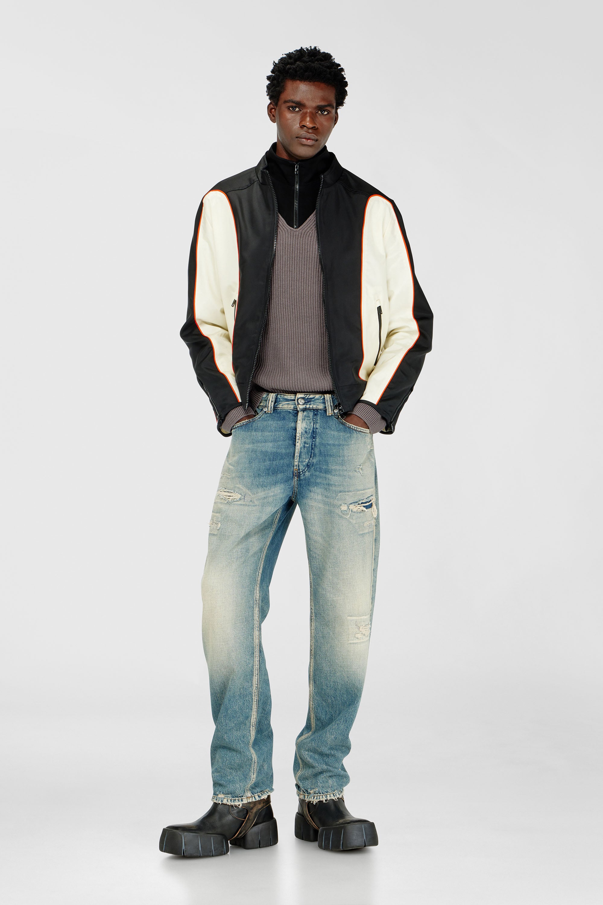 Diesel - J-BLINK-WRD, Herren Nylonjacke mit Colour-Blocking und Paspeldetails in Schwarz/Weiss - 2