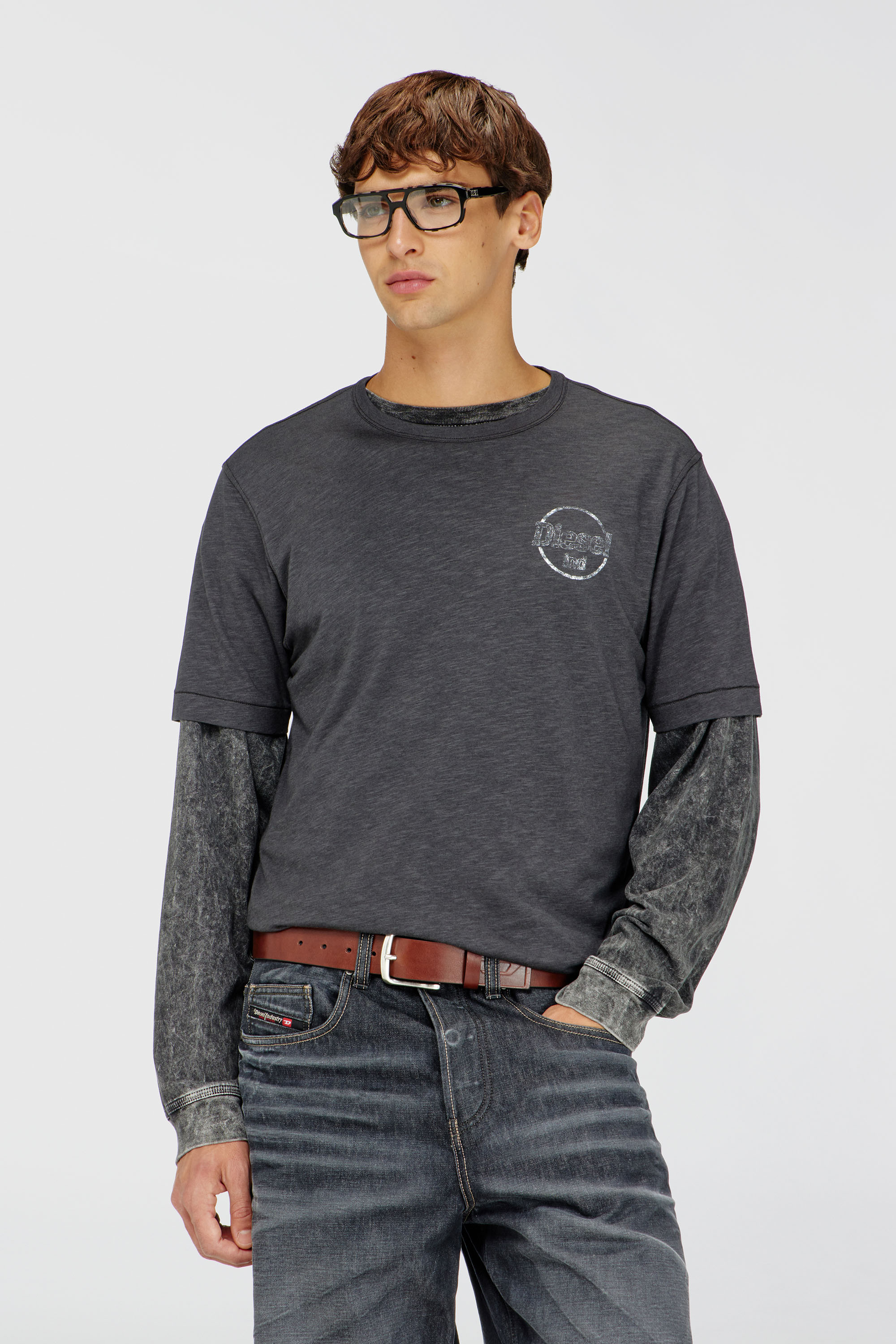 Diesel - T-ADJUST-B11, Herren T-Shirt aus Slub-Jersey mit Crack-Print in Dunkelgrau - 1
