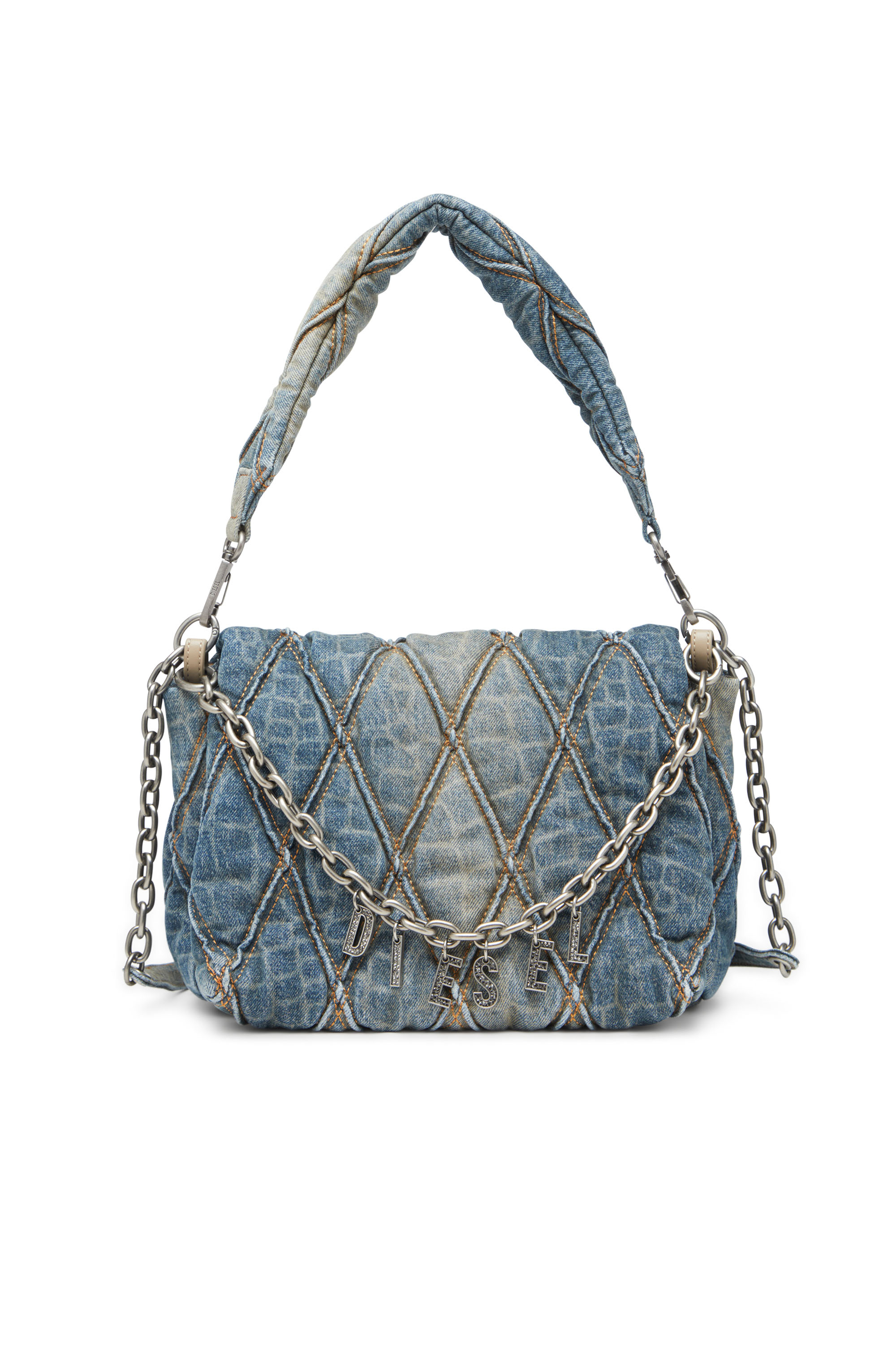 Diesel - CNY CHARM-D SHOULDER M, Damen Schultertasche aus gestepptem Denim mit Schlangen-Print in Blau - 1