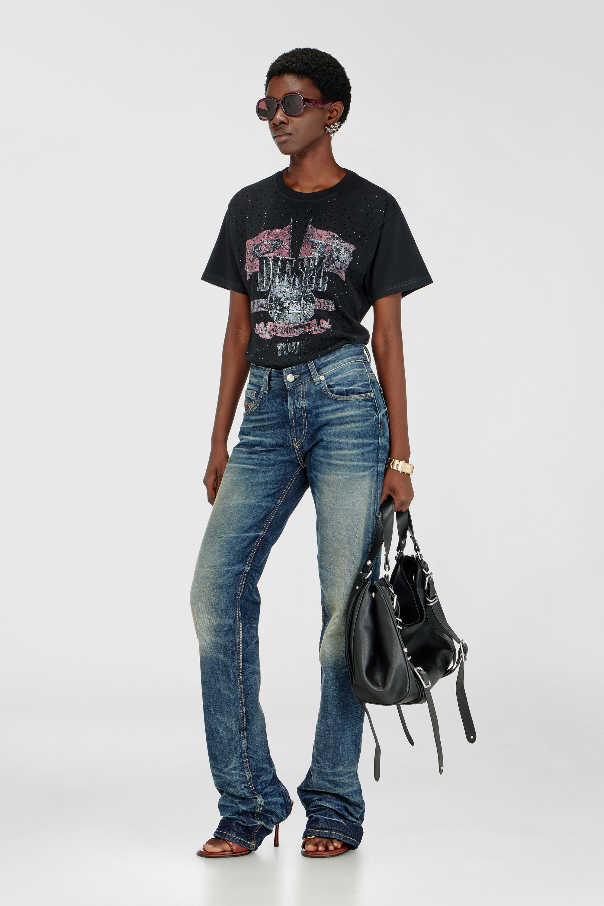 Diesel - T-MARLY, Damen T-Shirt mit Konzertgrafik und Kristallen in Schwarz - 2