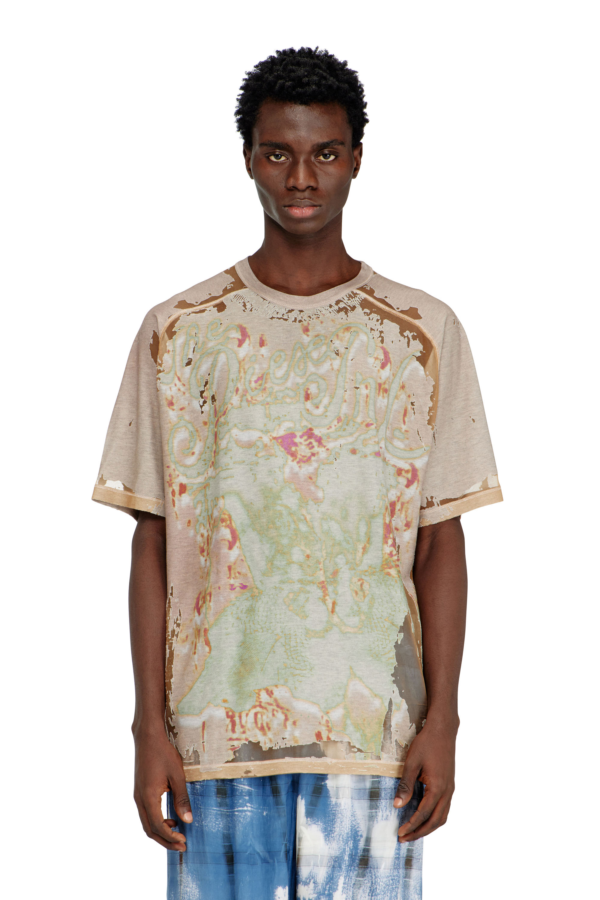 Diesel - T-LIVO, Herren T-Shirt aus bedrucktem Devor&eacute;-Jersey in Hellbraun - 1