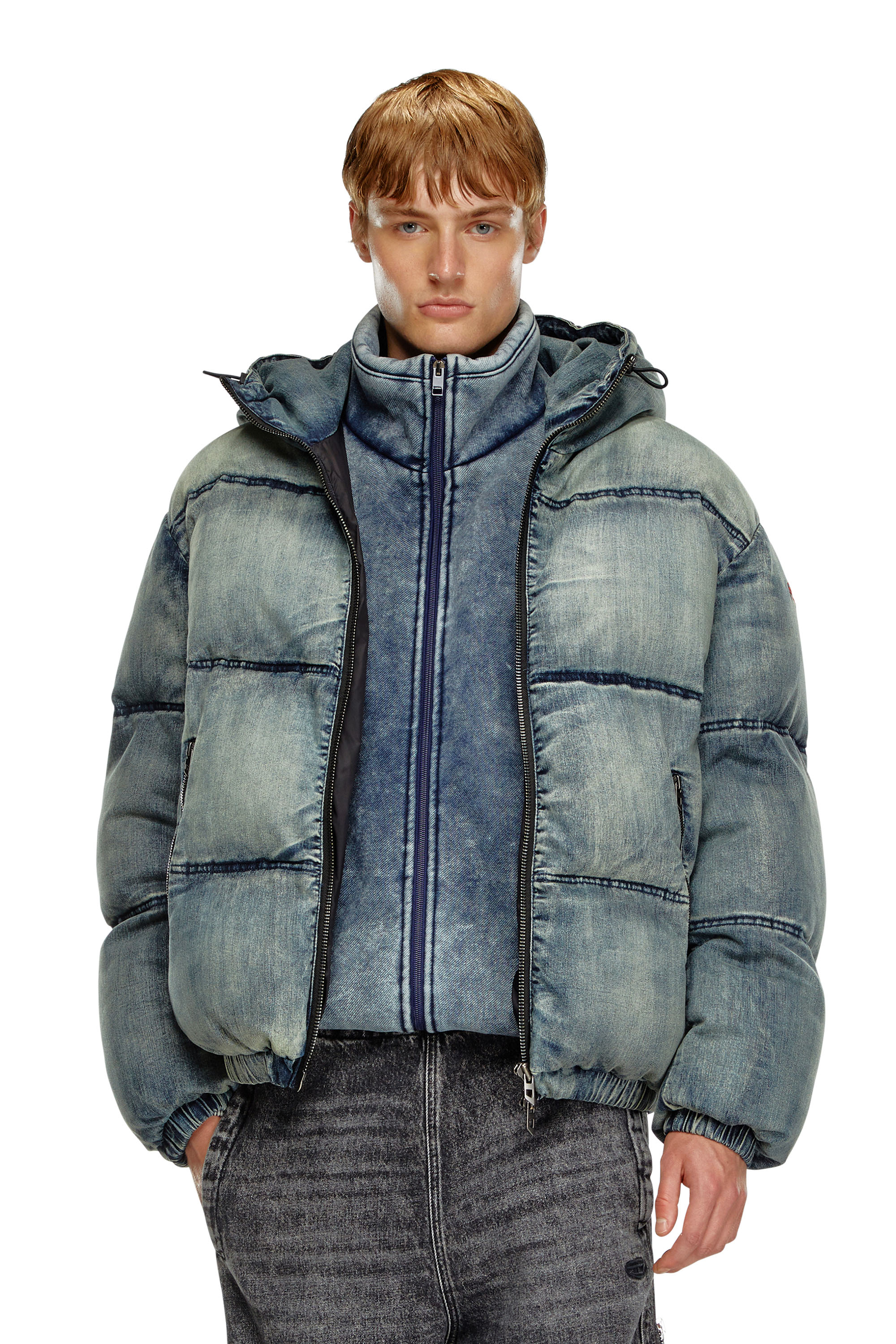 Diesel - W-MONS, Herren Pufferjacke aus behandeltem Denim in Blau - 1