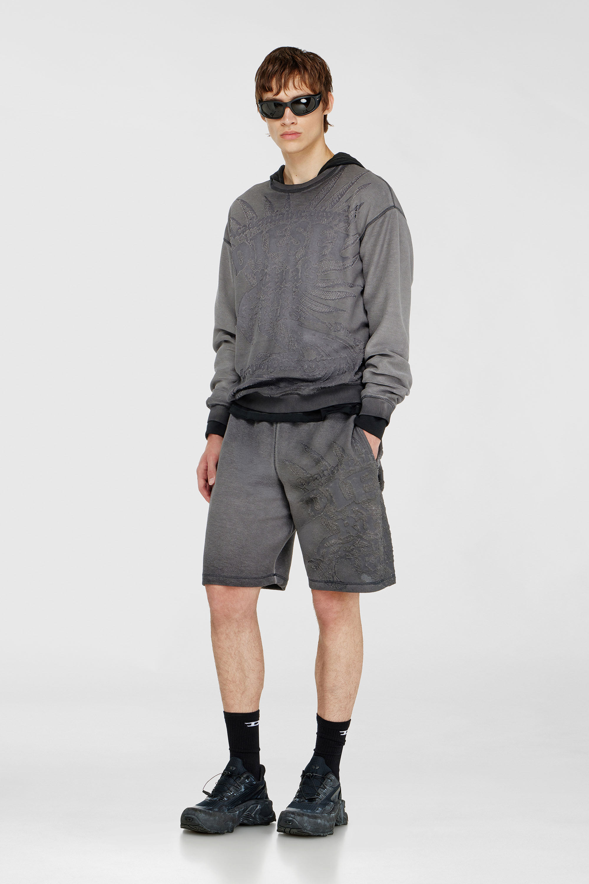 Diesel - P-RAWCROW, Man's Sweatshorts with d&eacute;vor&eacute; motifs in Dark grey - 1