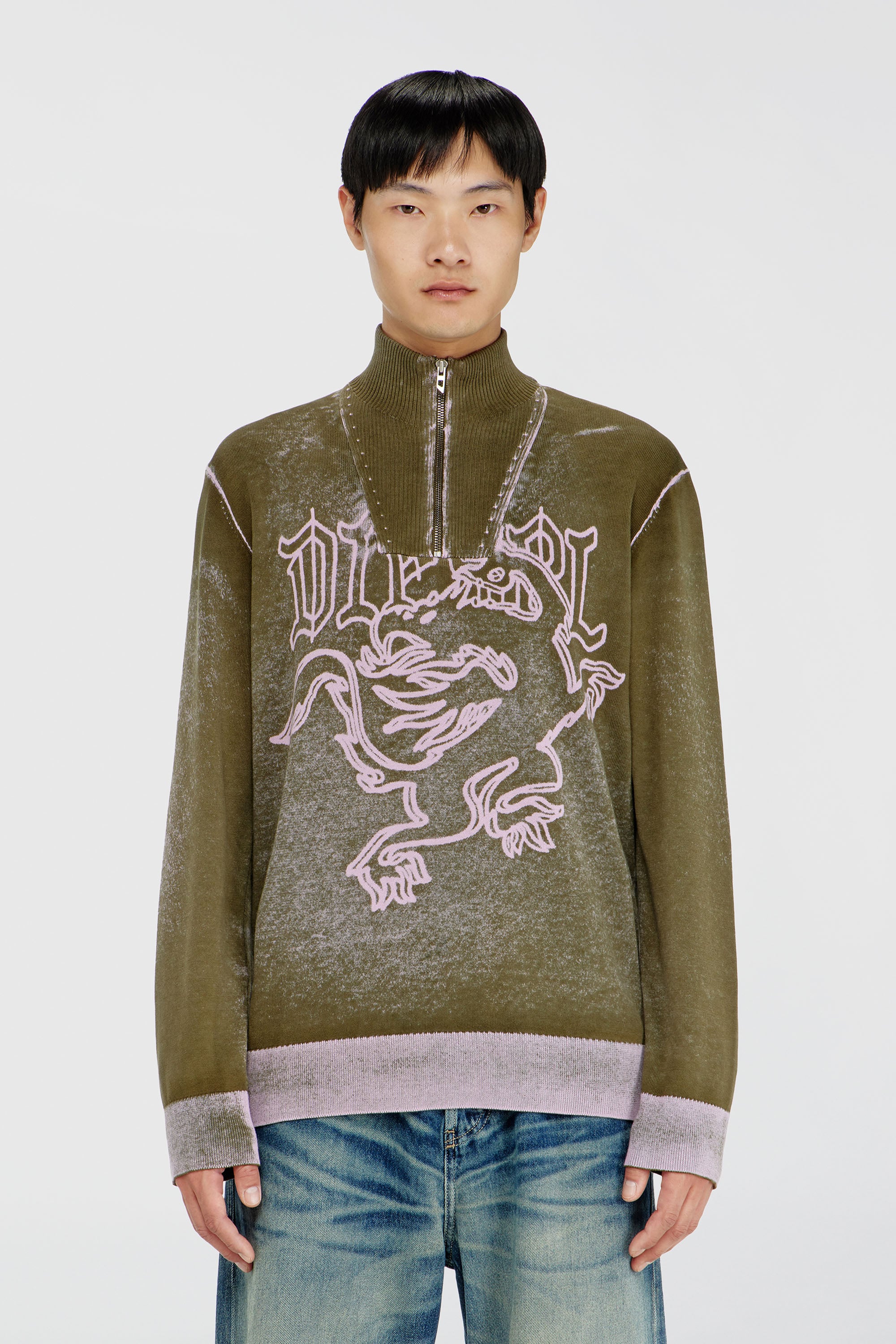 Diesel - K-LAUTARE, Herren Behandelter Half-zip-Pullover mit griffin-Motiv in Armeegr&uuml;n - 1
