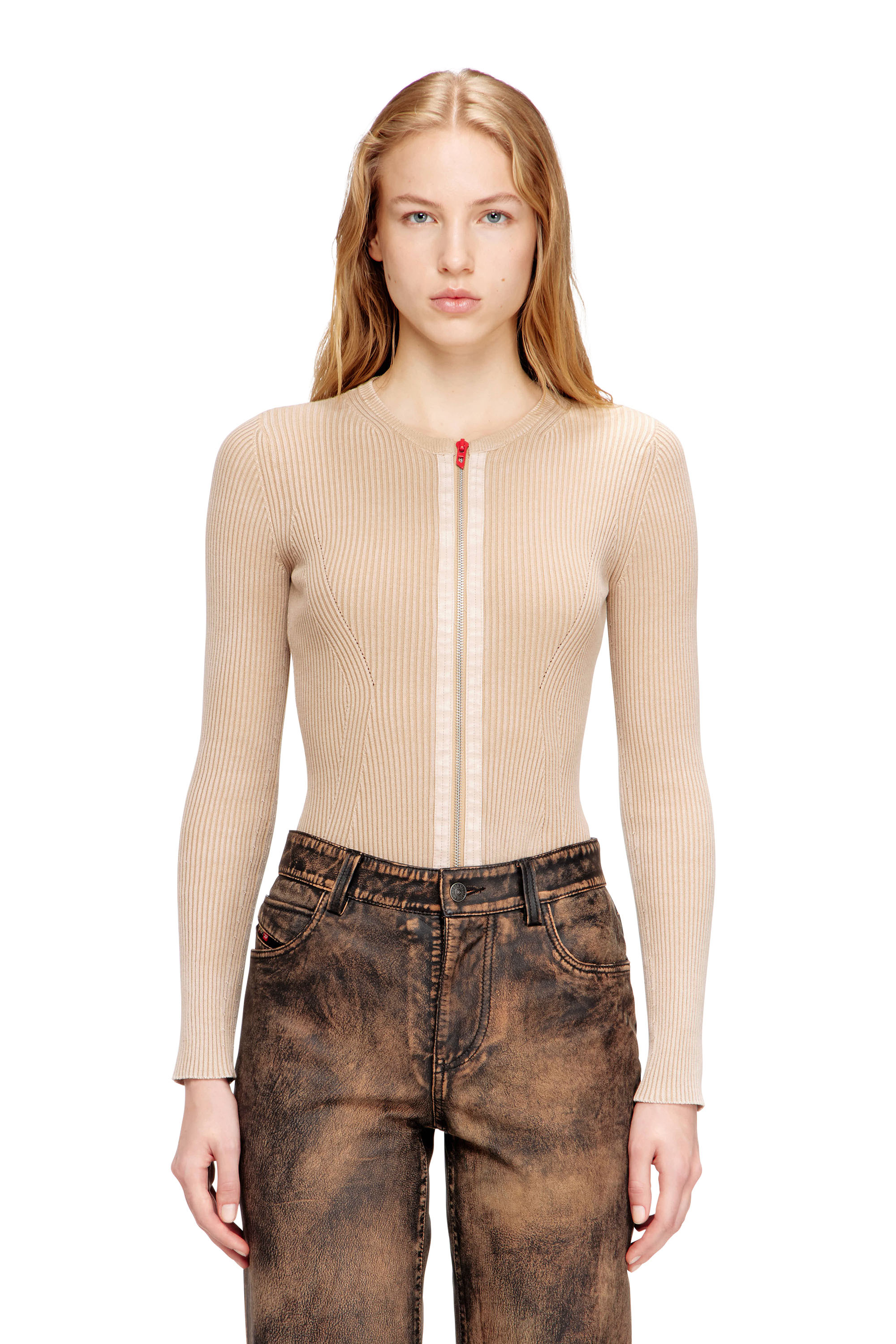 Diesel - M-GILDE, Damen Rei&szlig;verschluss-Cardigan aus gerippter Baumwolle in Beige - 1