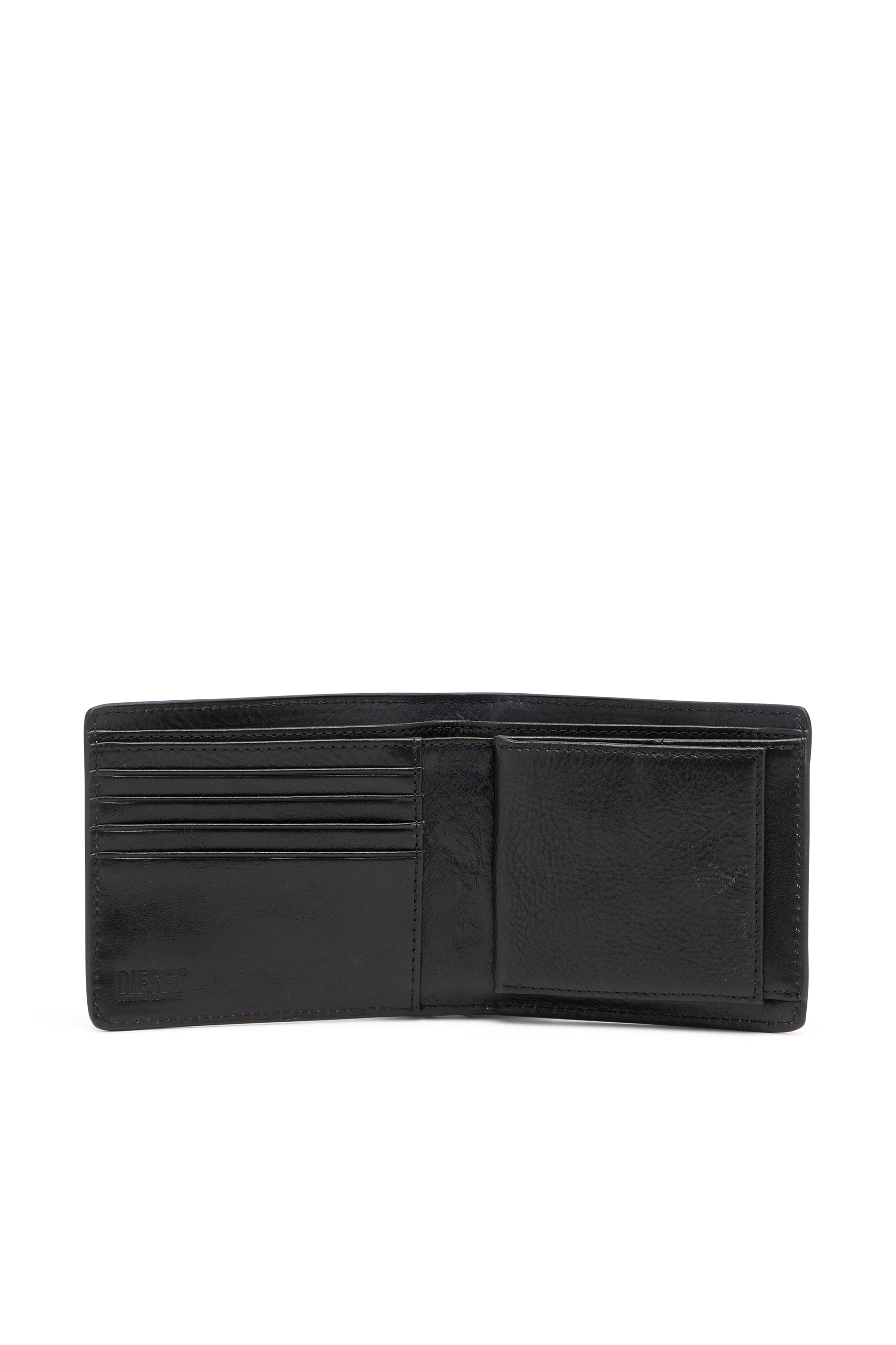 Diesel - FLAG-D BI-FOLD COIN S 3D, Herren Zweifach gefaltete Lederbrieftasche mit geprägtem Logo in Schwarz - 3