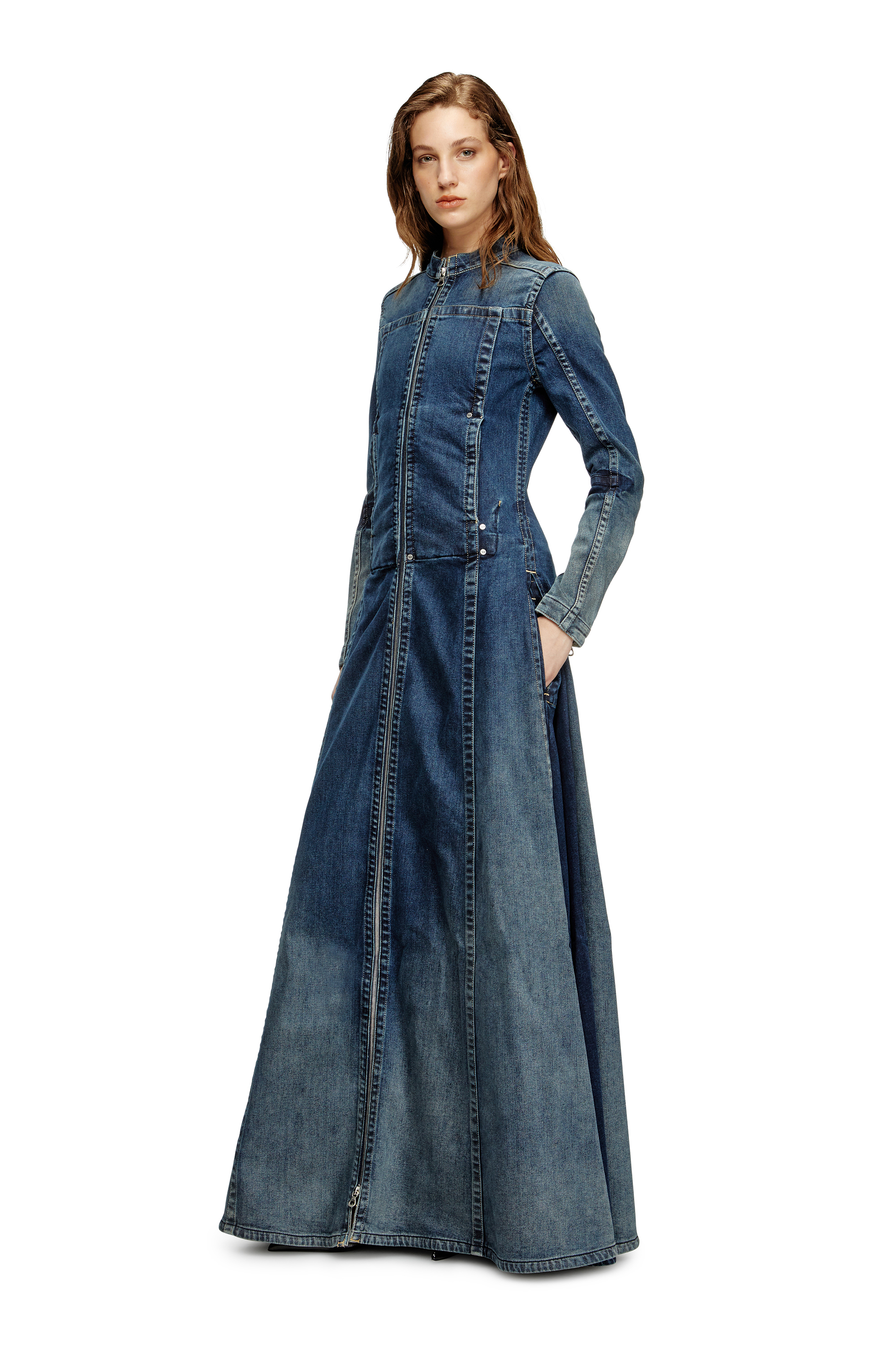 Diesel - DE-RO1-RE-FSG, Damen Maxikleid aus Rehab-Denim in Mittelblau - 1