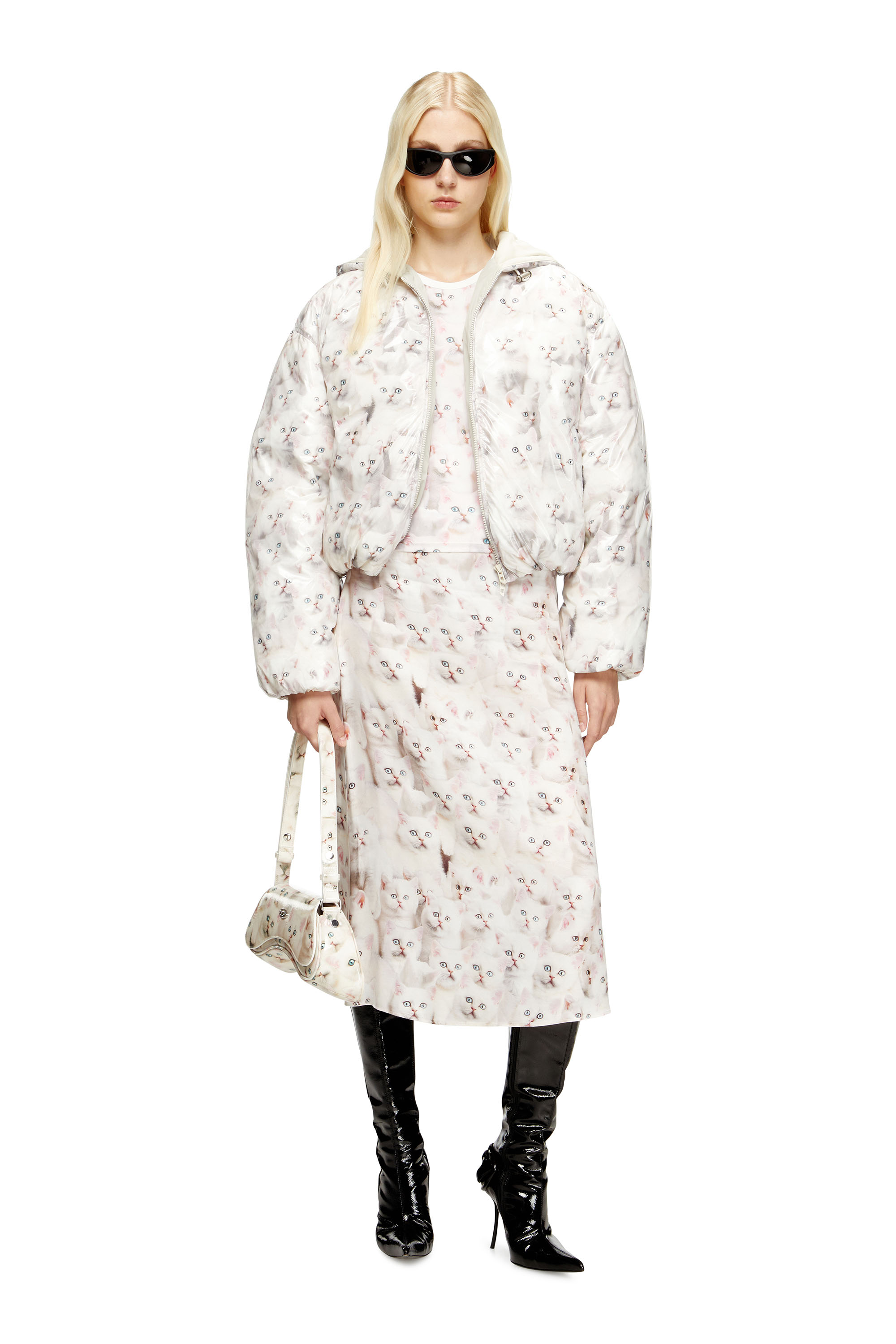 Diesel - W-INNER-R1, Damen Wattierte Jacke mit Katzen-Print in Weiß - 1