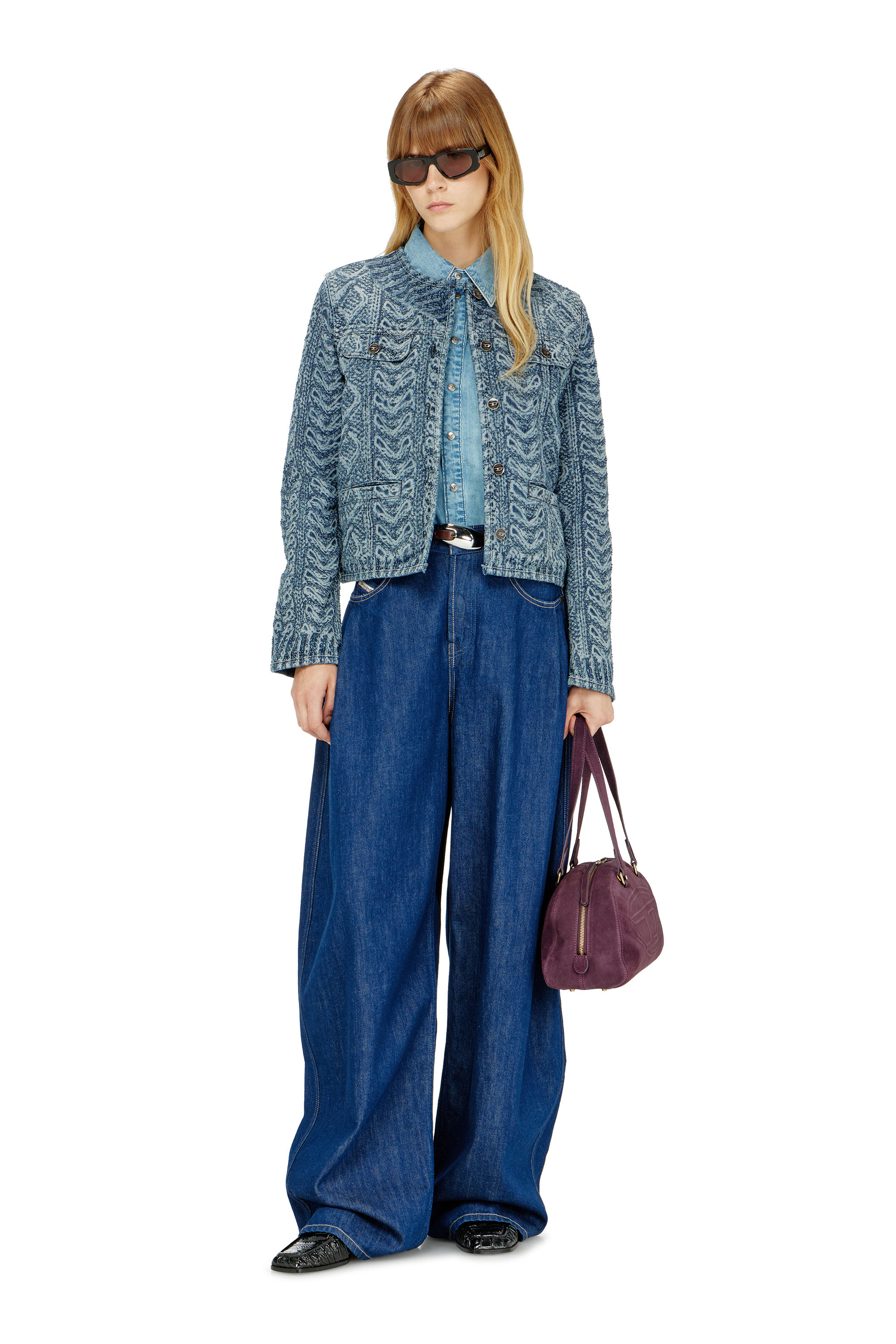 Diesel - DE-GRAFY-S2, Damen Kragenlose Jacke aus Denim mit Zopfmuster-Effekt in Dunkelblau - 1