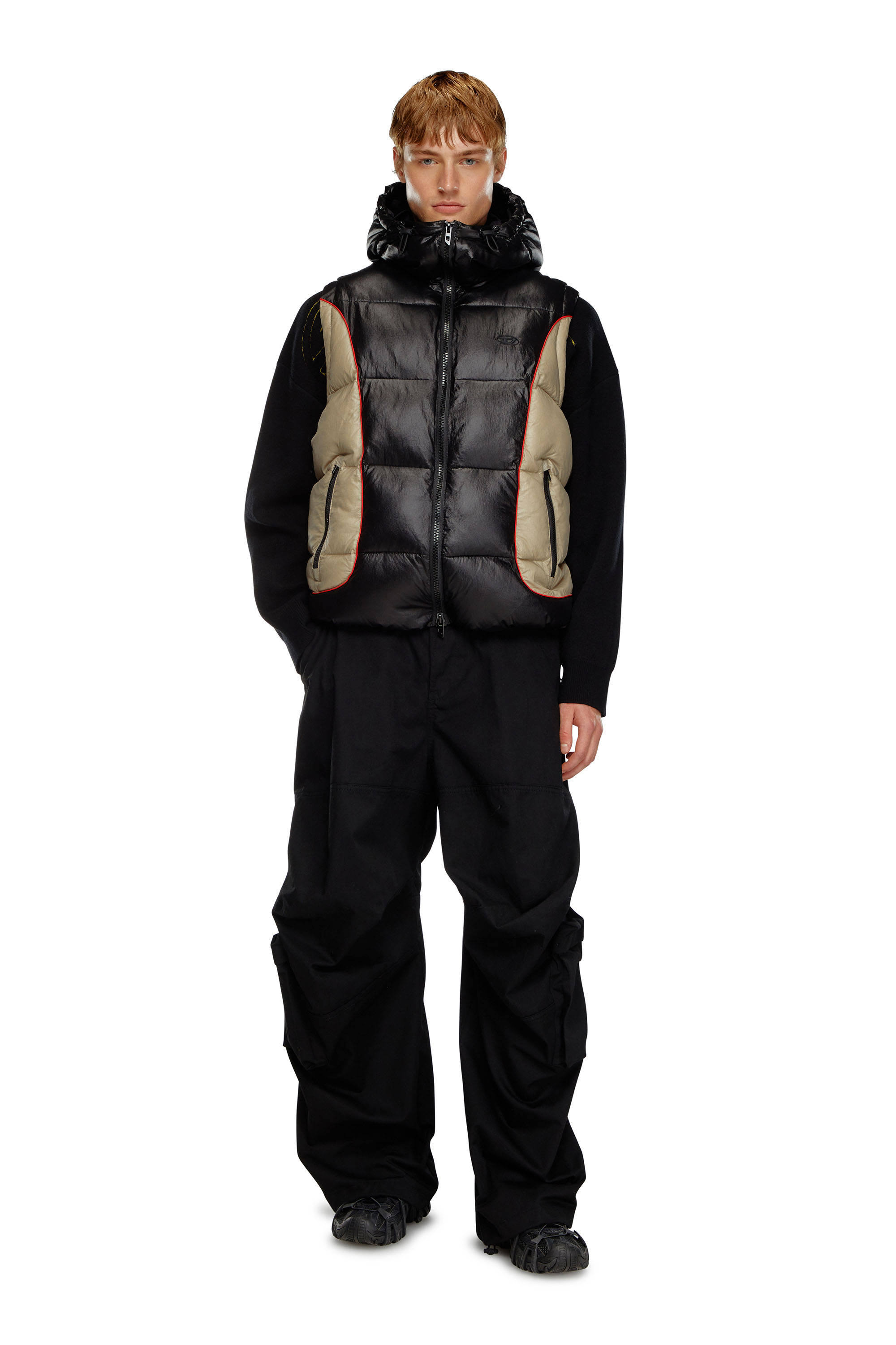 Diesel - W-OSTEND-SL, Man's Hooded puffer vest in shiny ripstop in Black/Beige - 2