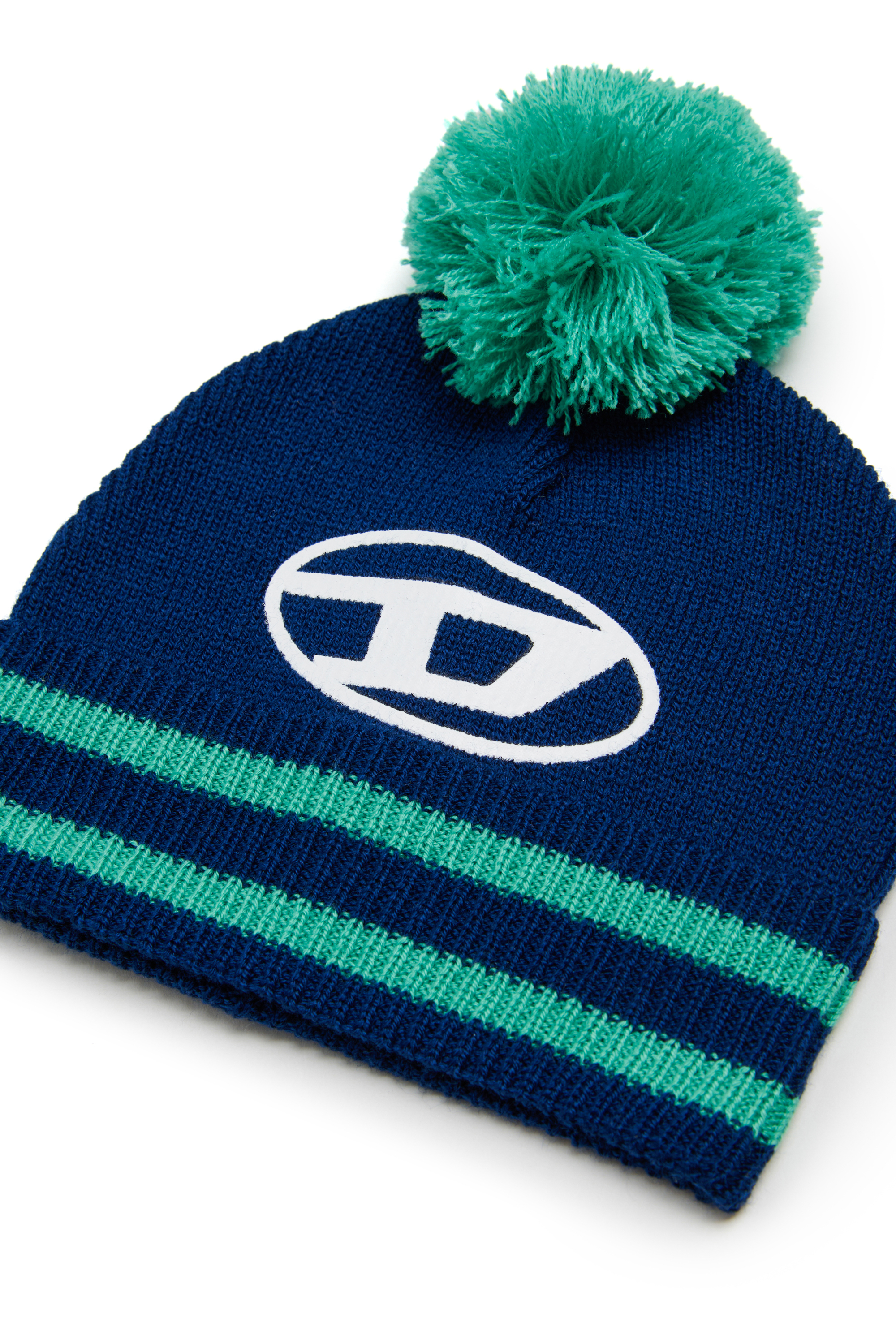 Diesel - FUTEEB, Unisex's Striped pom-pom beanie in wool blend in Blue/Green - 3