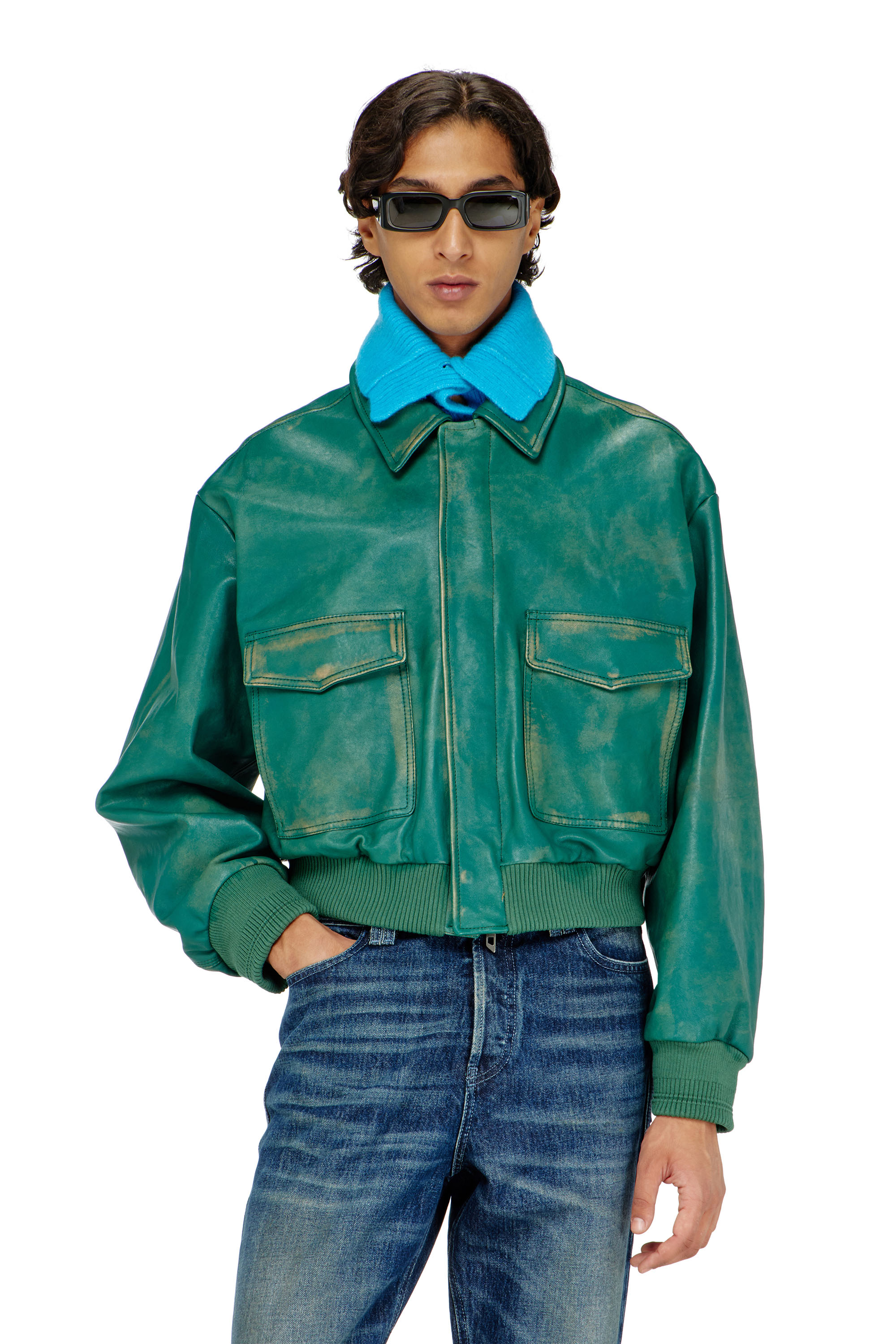 Diesel - L-UMAN, Herren Aviator-Jacke aus behandeltem Leder in Gr&uuml;n - 3