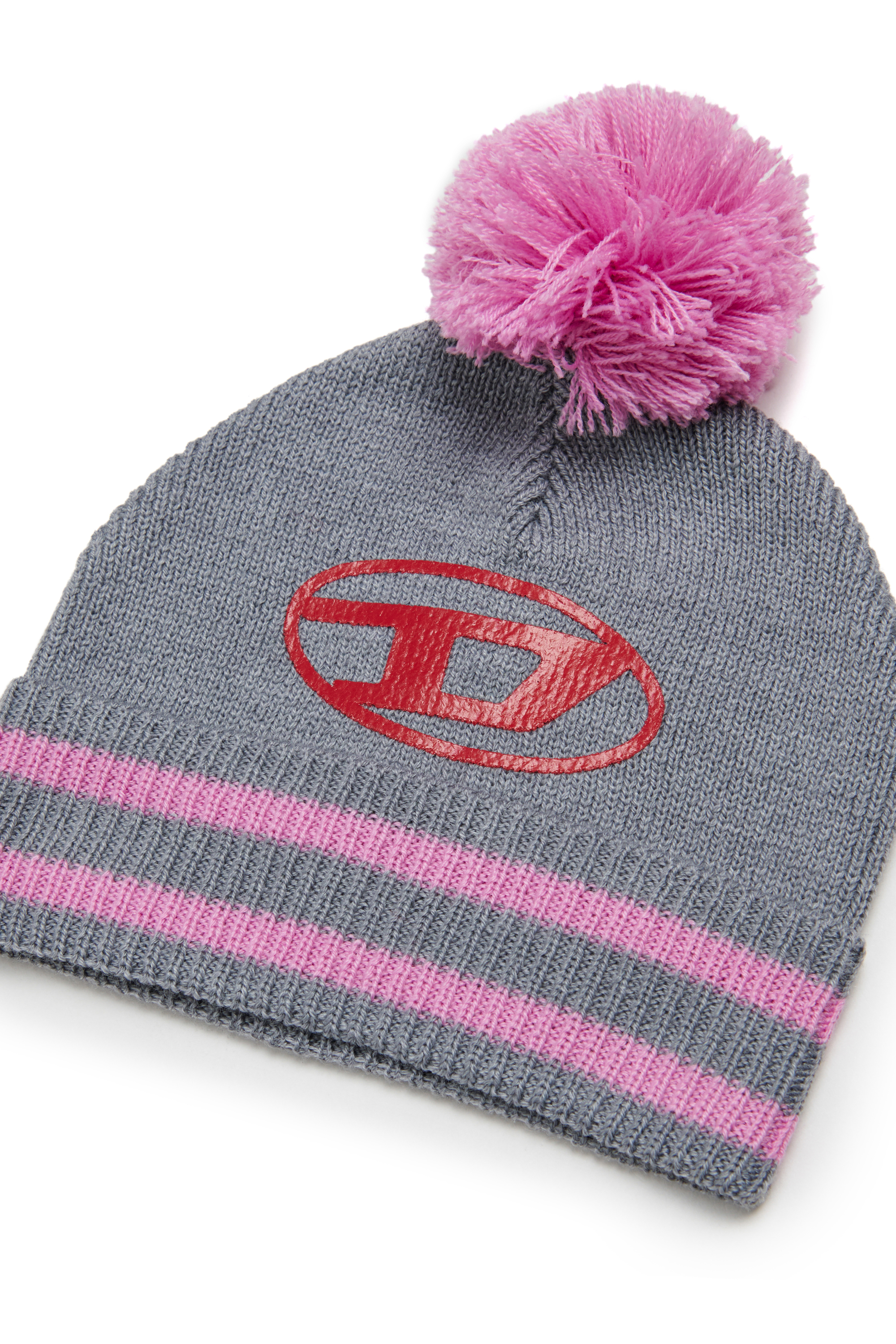 Diesel - FUTEEB, Unisex's Striped pom-pom beanie in wool blend in Grey/Pink - 3