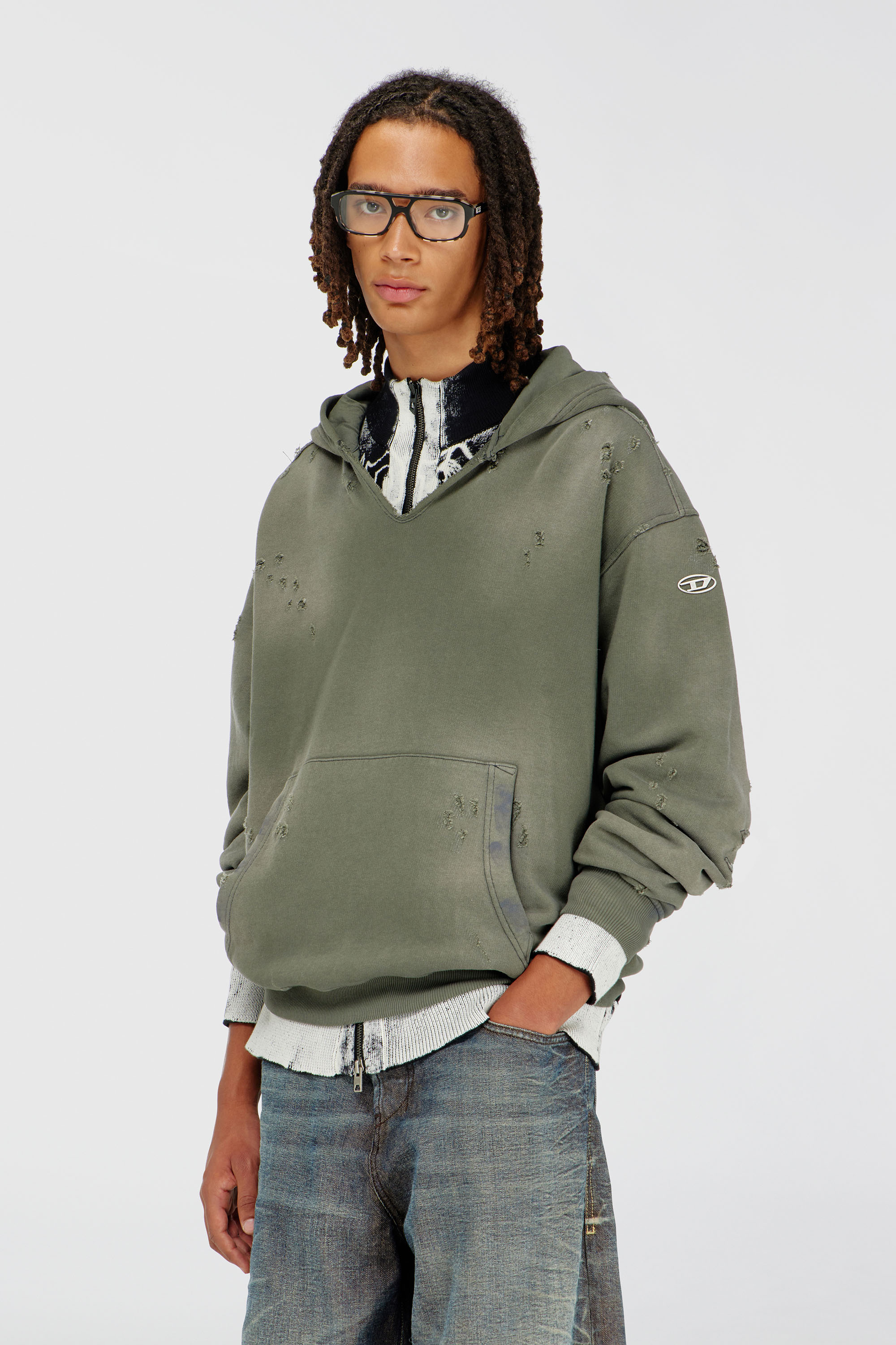 Diesel - S-KEITHY, Man's Distressed hoodie with V-neck in Grey - 1
