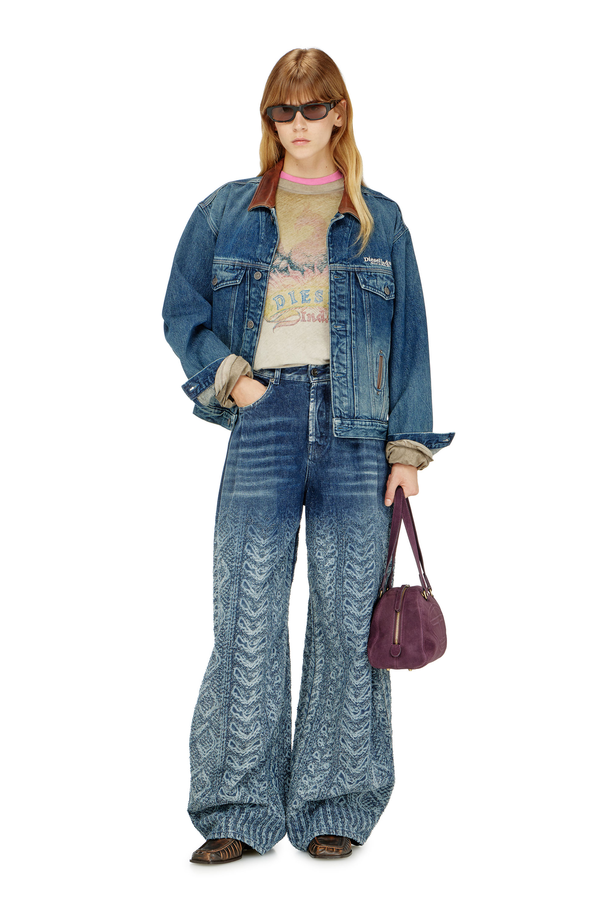 Diesel - D-DENVER-S1, Unisex Jeans-Truckerjacke mit kontrastierenden Lederbes&auml;tzen in Blau - 2
