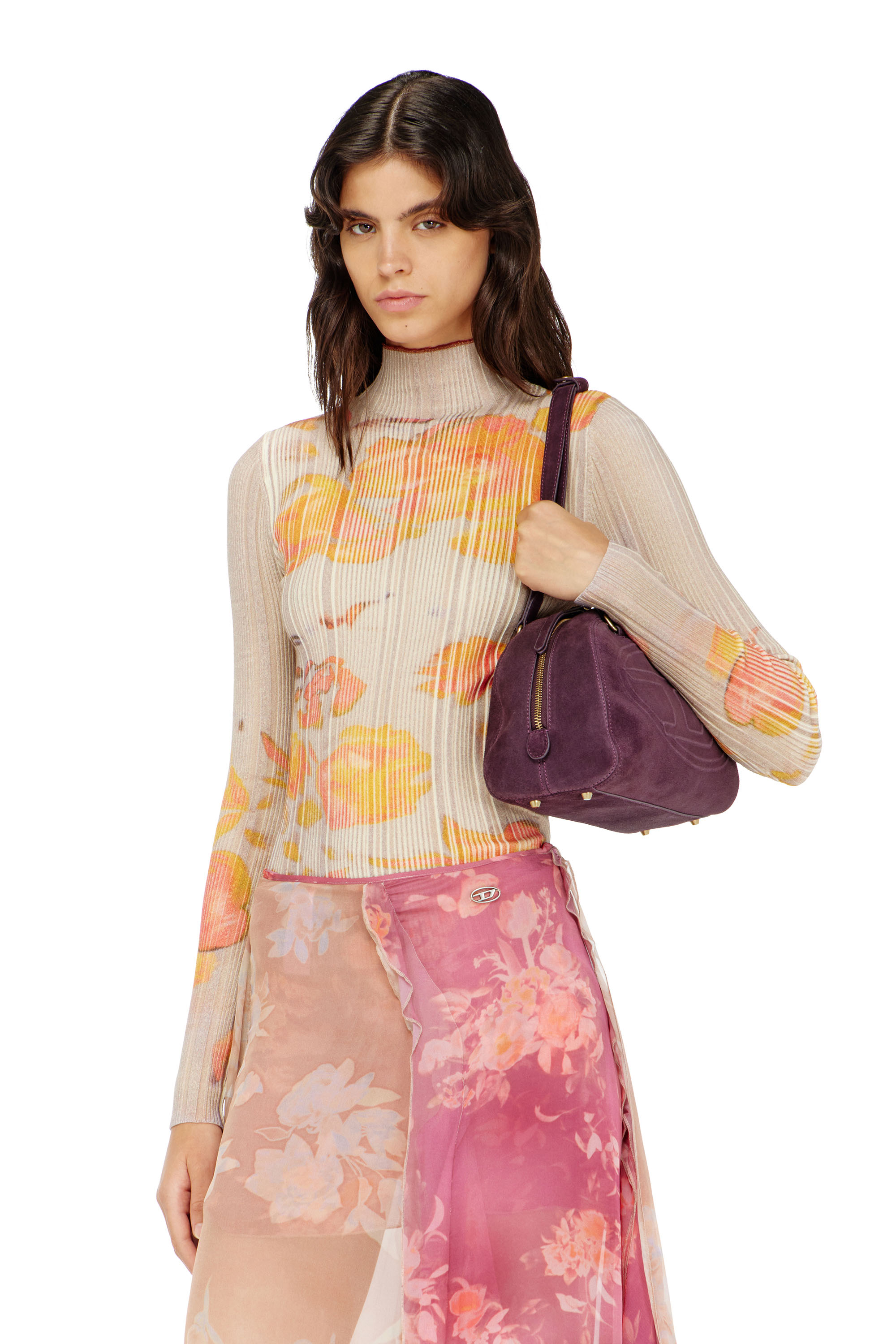 Diesel - M-IORIA, Damen Gerippter Wollrollkragen mit Blumenmuster in null - 3