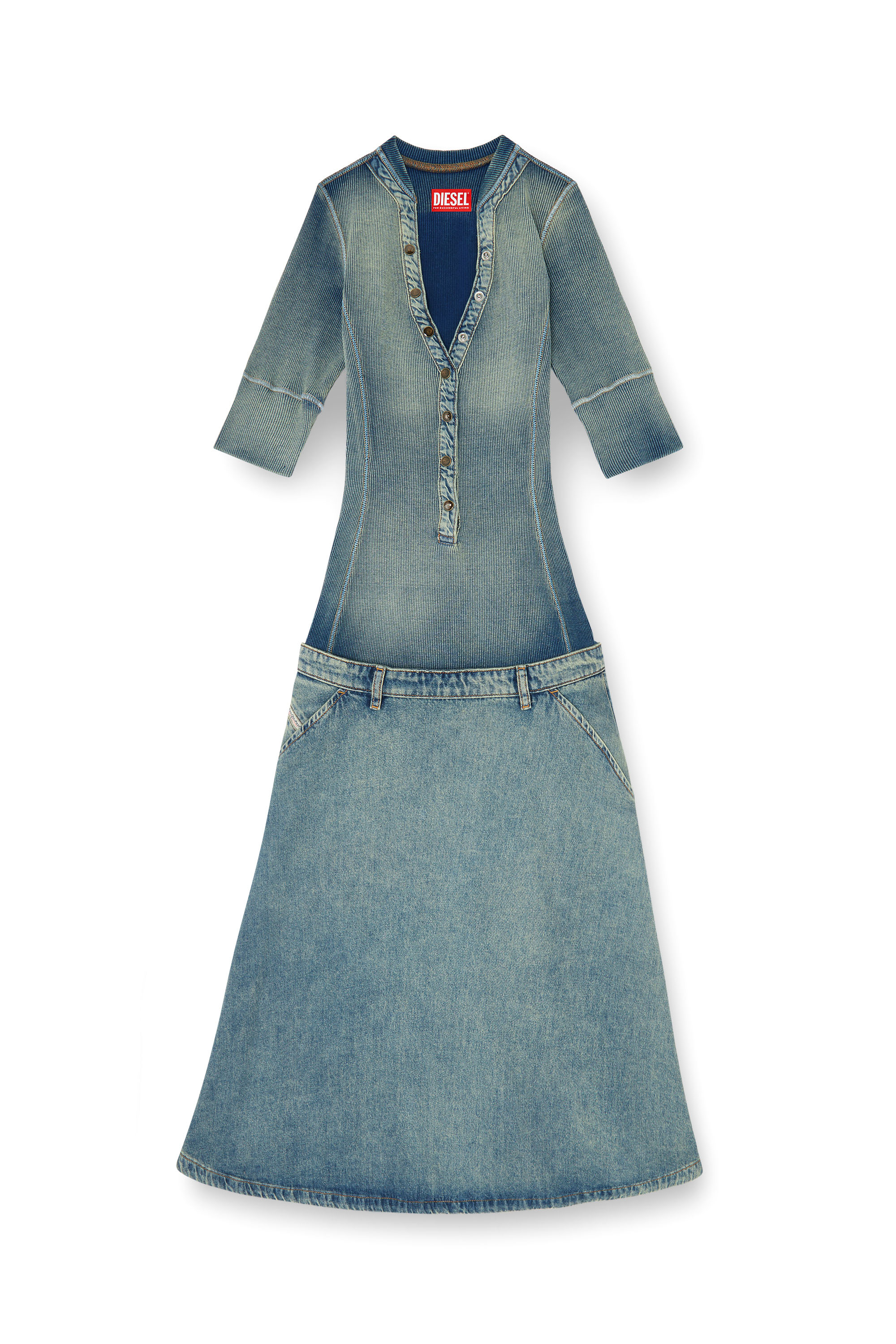 Diesel - DE-ANIM-S, Damen Midikleid mit tiefer Taille aus Strick und Denim in null - 1