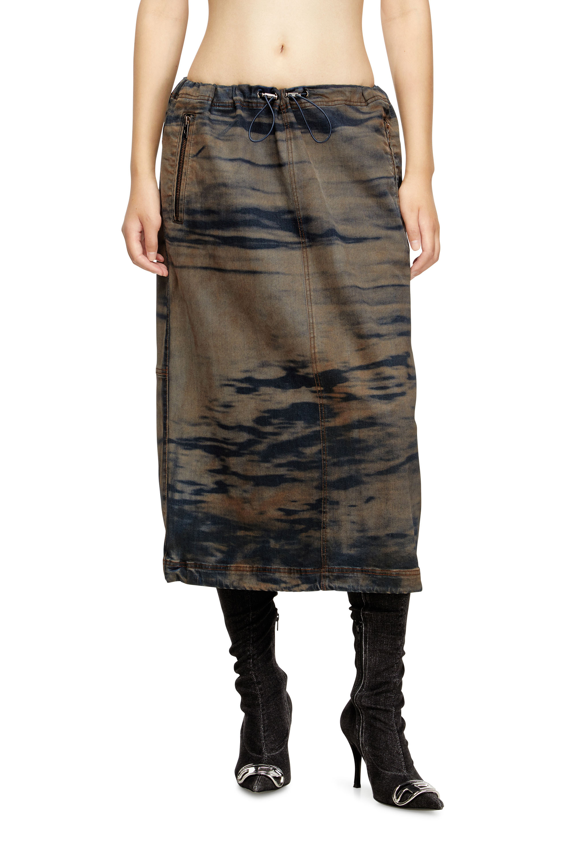 Diesel - O-MIRTOW-DEN, Damen Midi-Jeansrock mit Kordelzug in Schwarz/Braun - 1