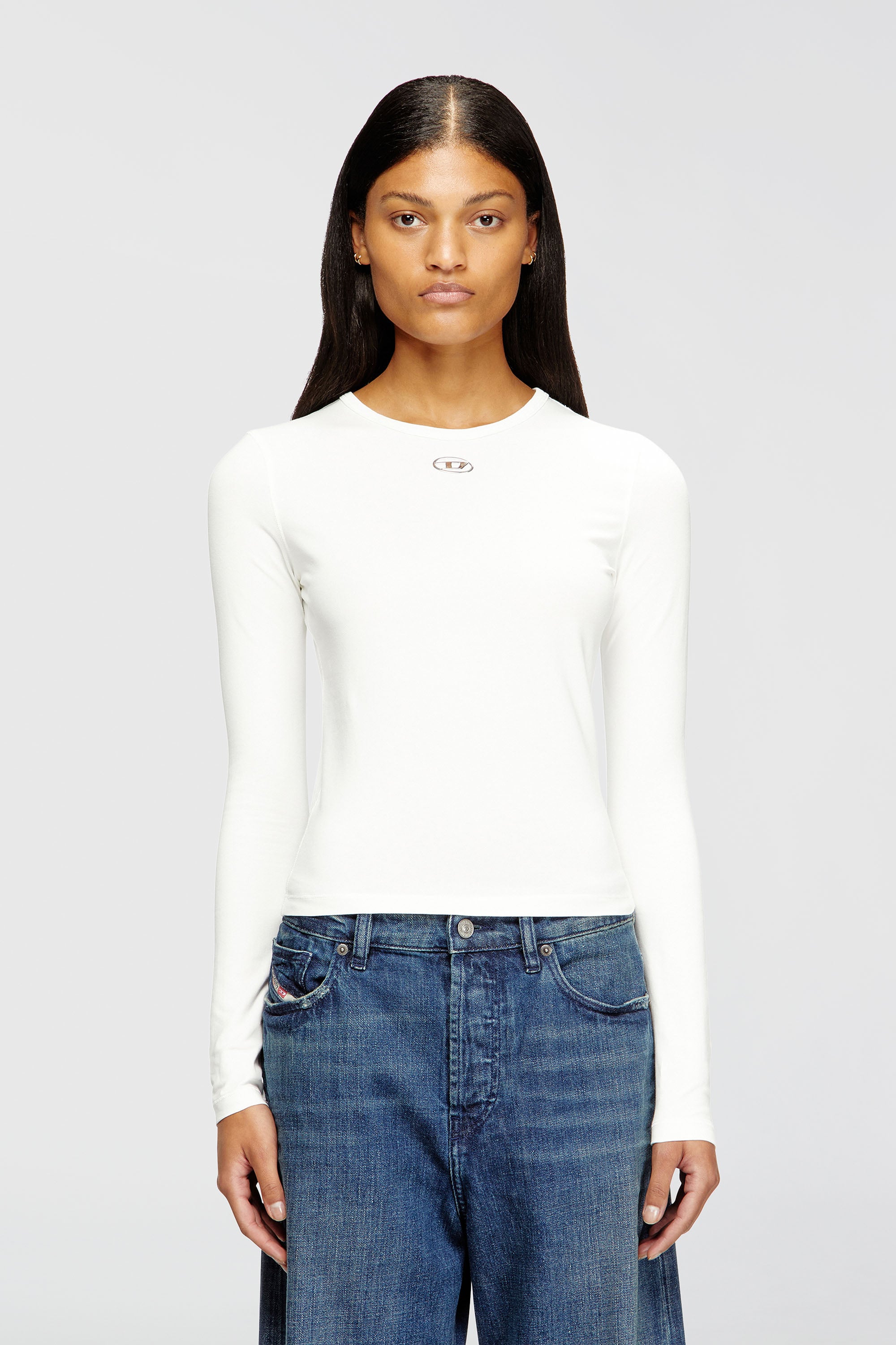 Diesel - T-UNCUTIESLONG-LS-OD, Damen Baumwollpullover mit Oval-D-Logo in Wei&szlig; - 1