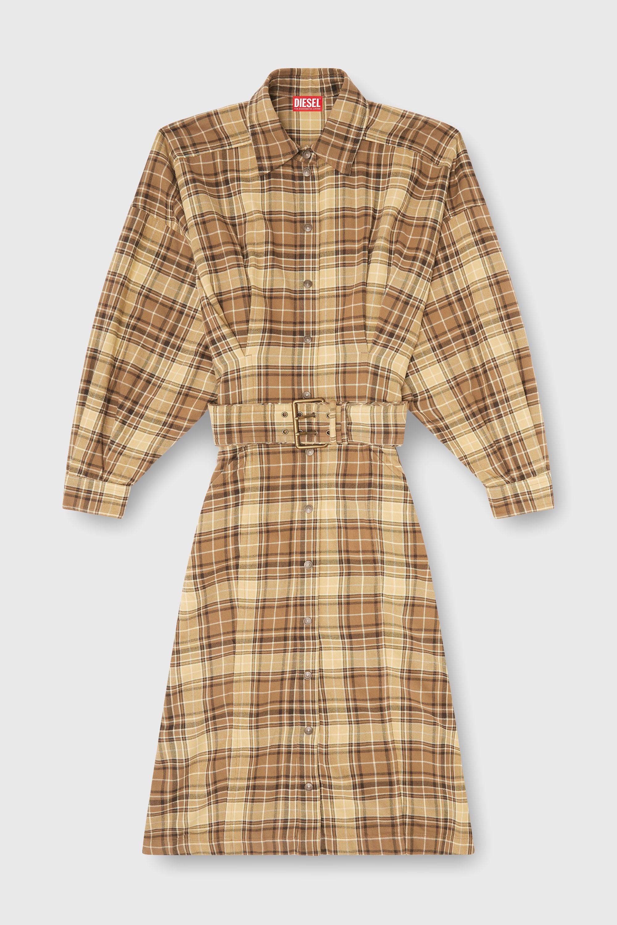 Diesel - D-EDALUS, Damen Midikleid aus kariertem Flanell mit breitem G&uuml;rtel in Braun/Gelb - 1