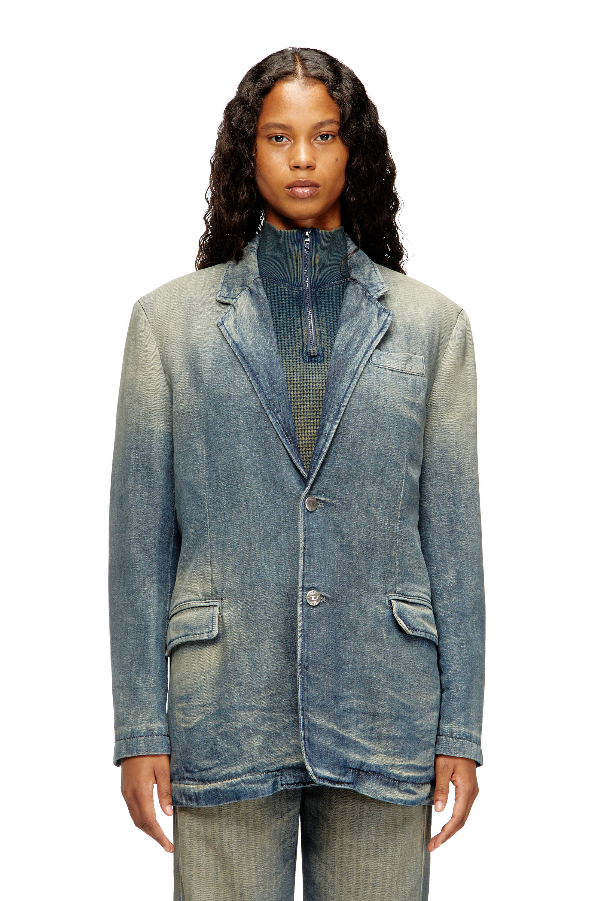 Diesel - D-REGER-D, Unisex Blazer aus schmutzigem Fischgräten-Denim in Grau/Blau - 1