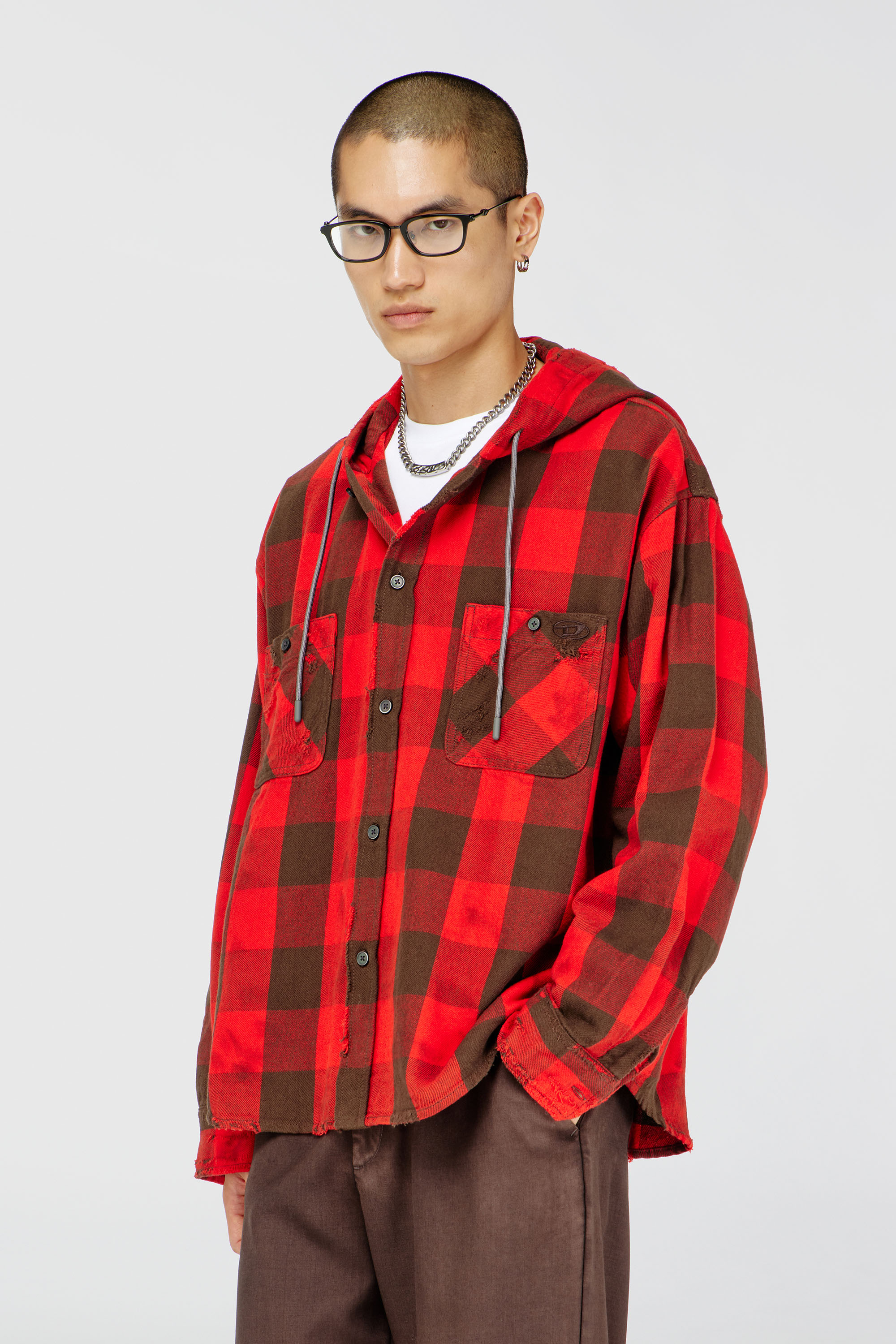 Diesel - S-DRUM-HOODY, Man's Distressed hooded shirt in check flannel in Brown/Red - 1