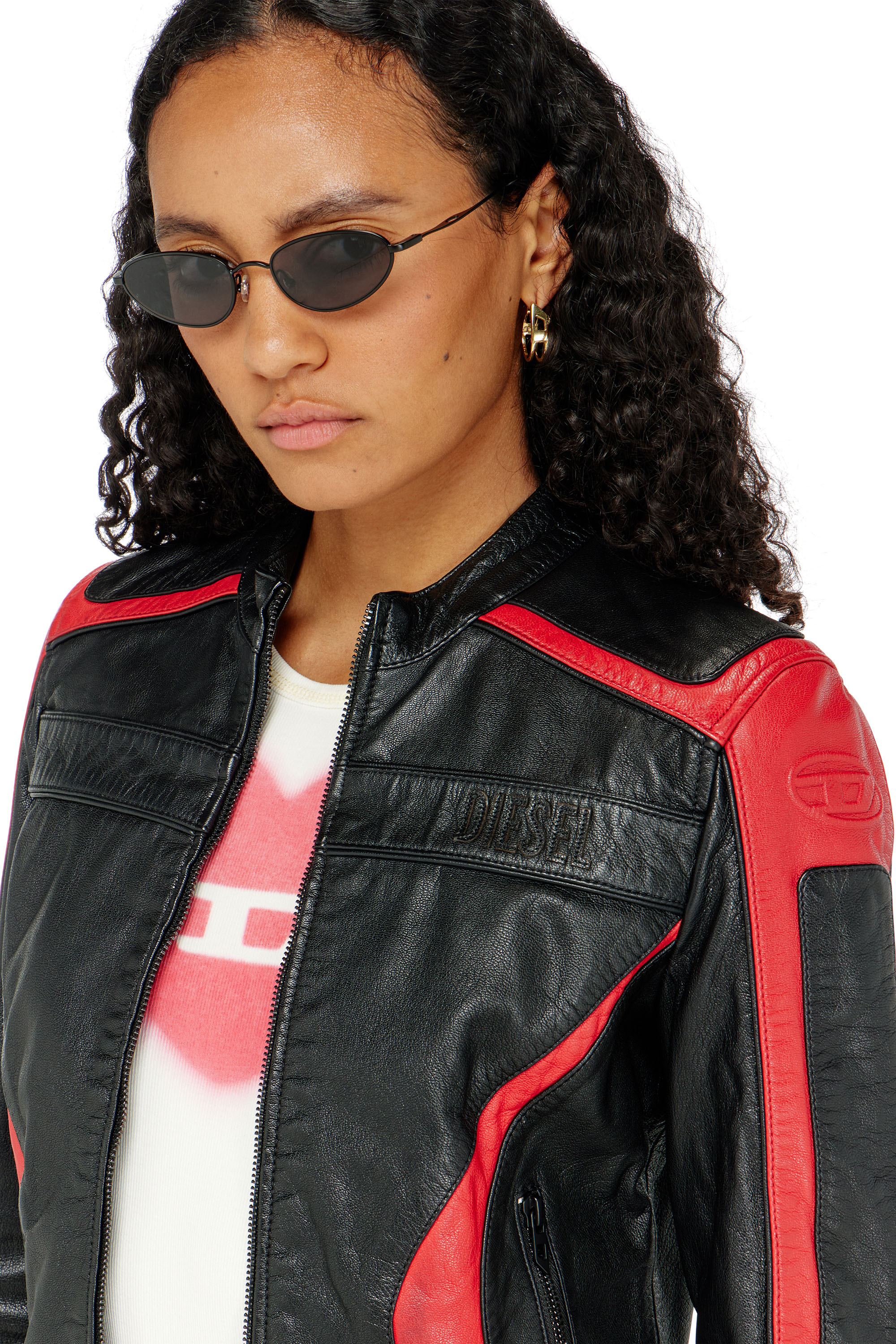 Diesel - L-OVABLE, Woman's Biker jacket in colour-block leather in Black/Red - 5