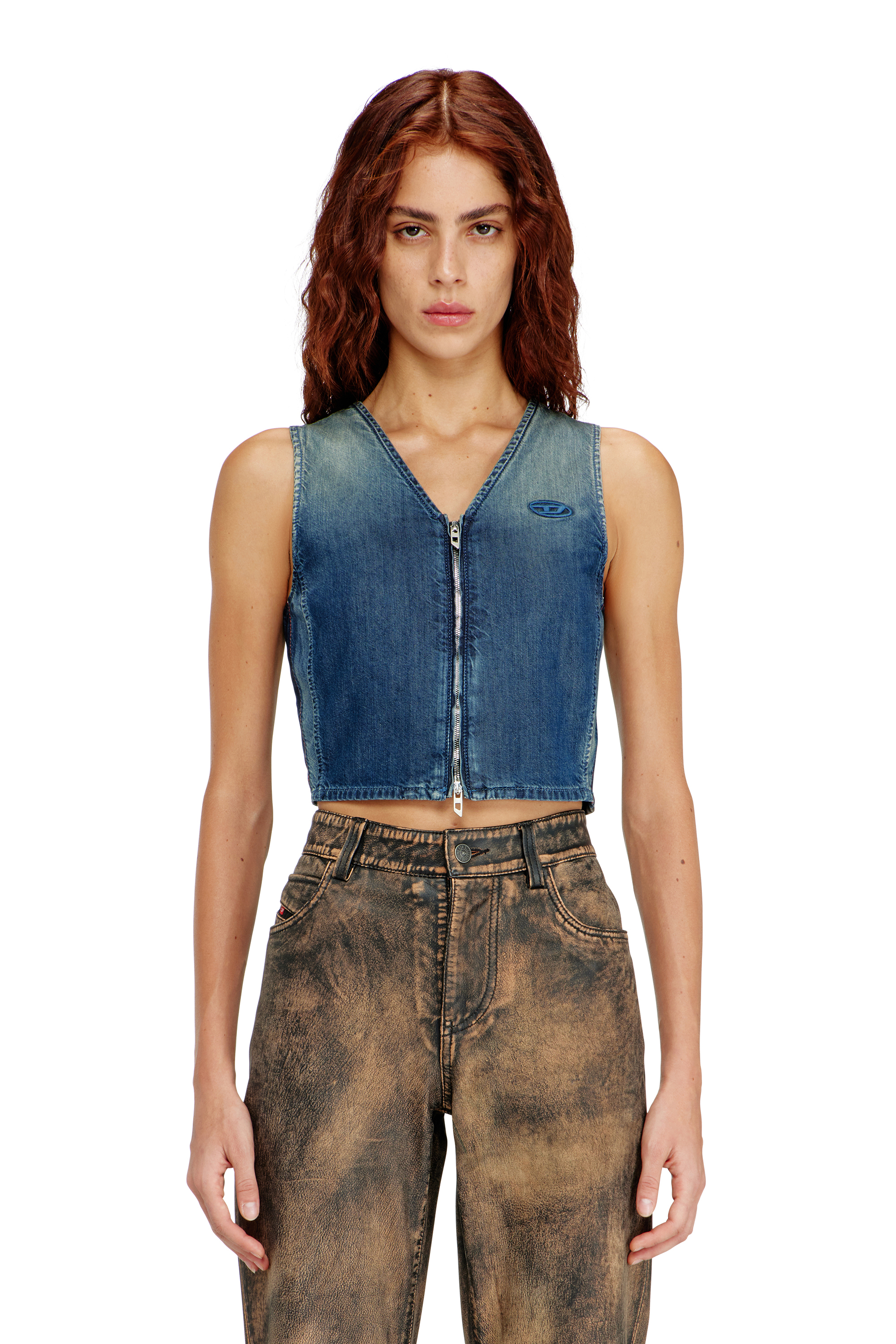 Diesel - DE-MEIO-S, Damen Kurzes Denim-Top mit Frontrei&szlig;verschluss in Blau - 1