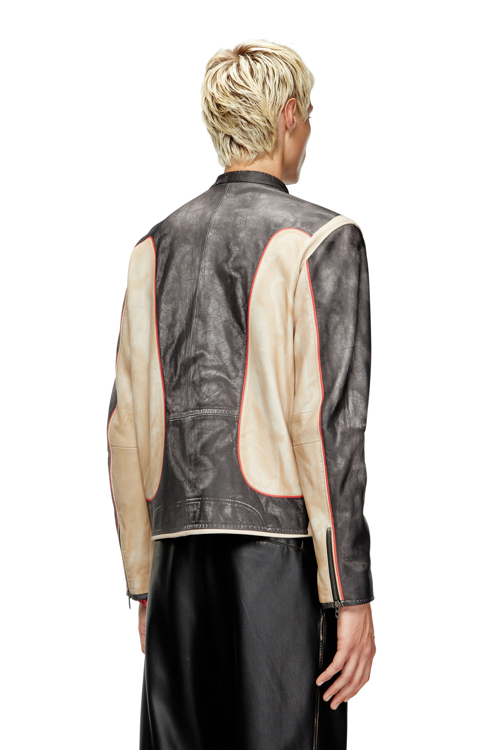 Diesel - L-EVERT, Herren Bikerjacke aus Leder in Trompe l'œil-Optik in Beige/Schwarz - 4