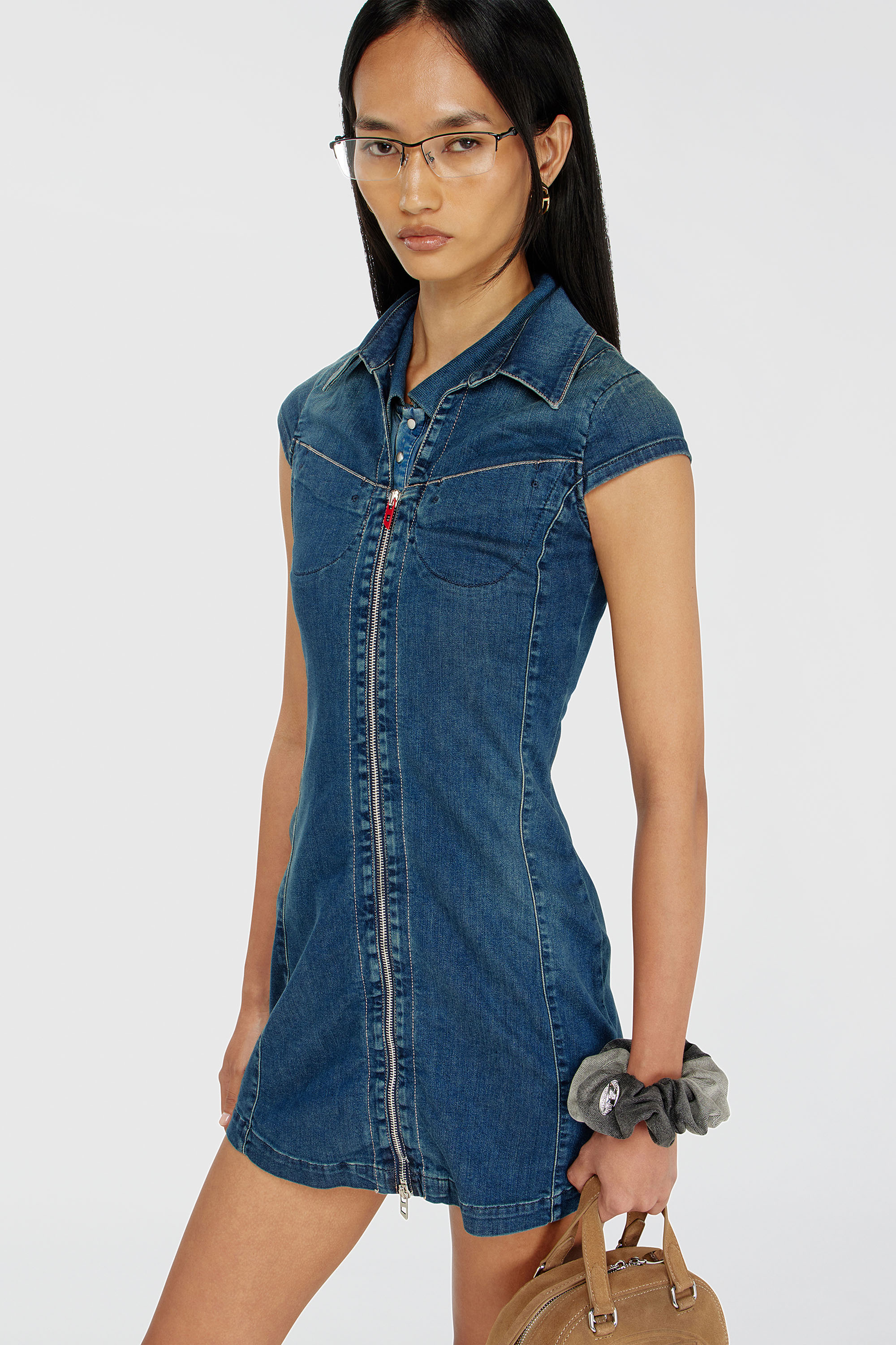 Diesel - DE-LORVYN-S, Damen Jeanshemdkleid mit durchgehendem zip in Mittelblau - 5