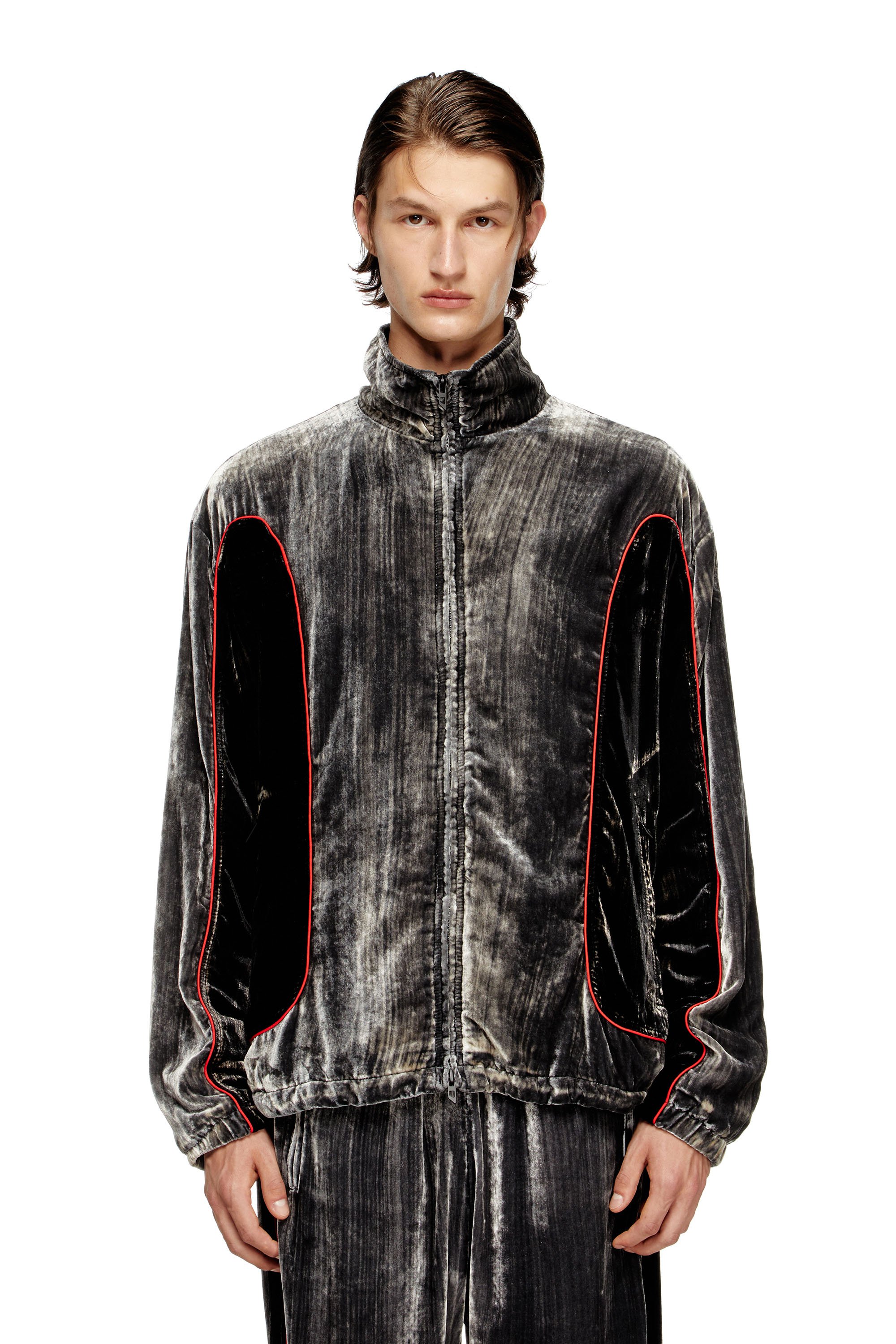 Diesel - J-HAY, Herren Trackjacke aus behandeltem Samt in Schwarz/Rot - 1