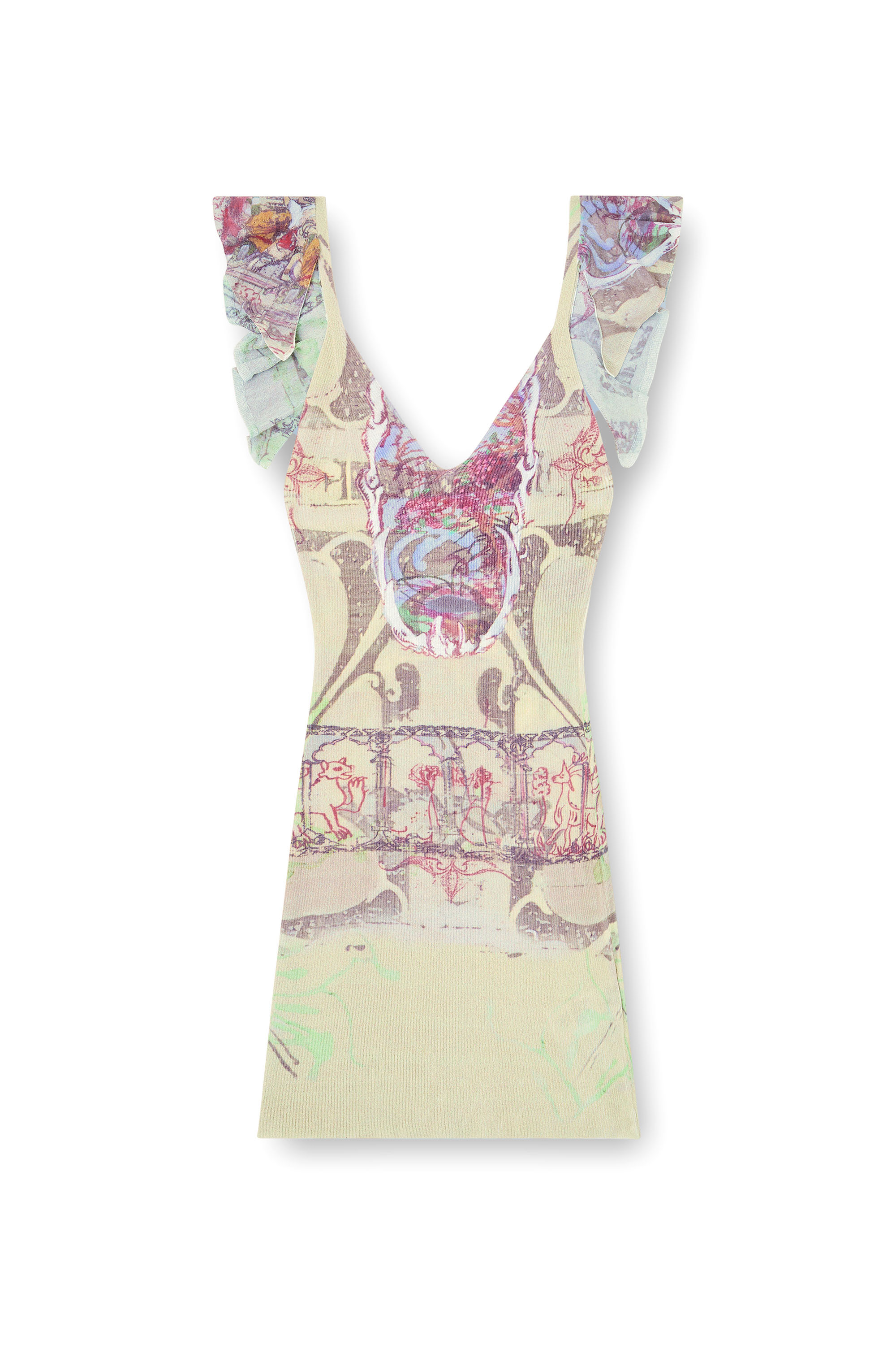 Diesel - M-FIORENZA, Damen Geripptes Kleid mit gemischtem mittelalterlichem Print in Beige - 2