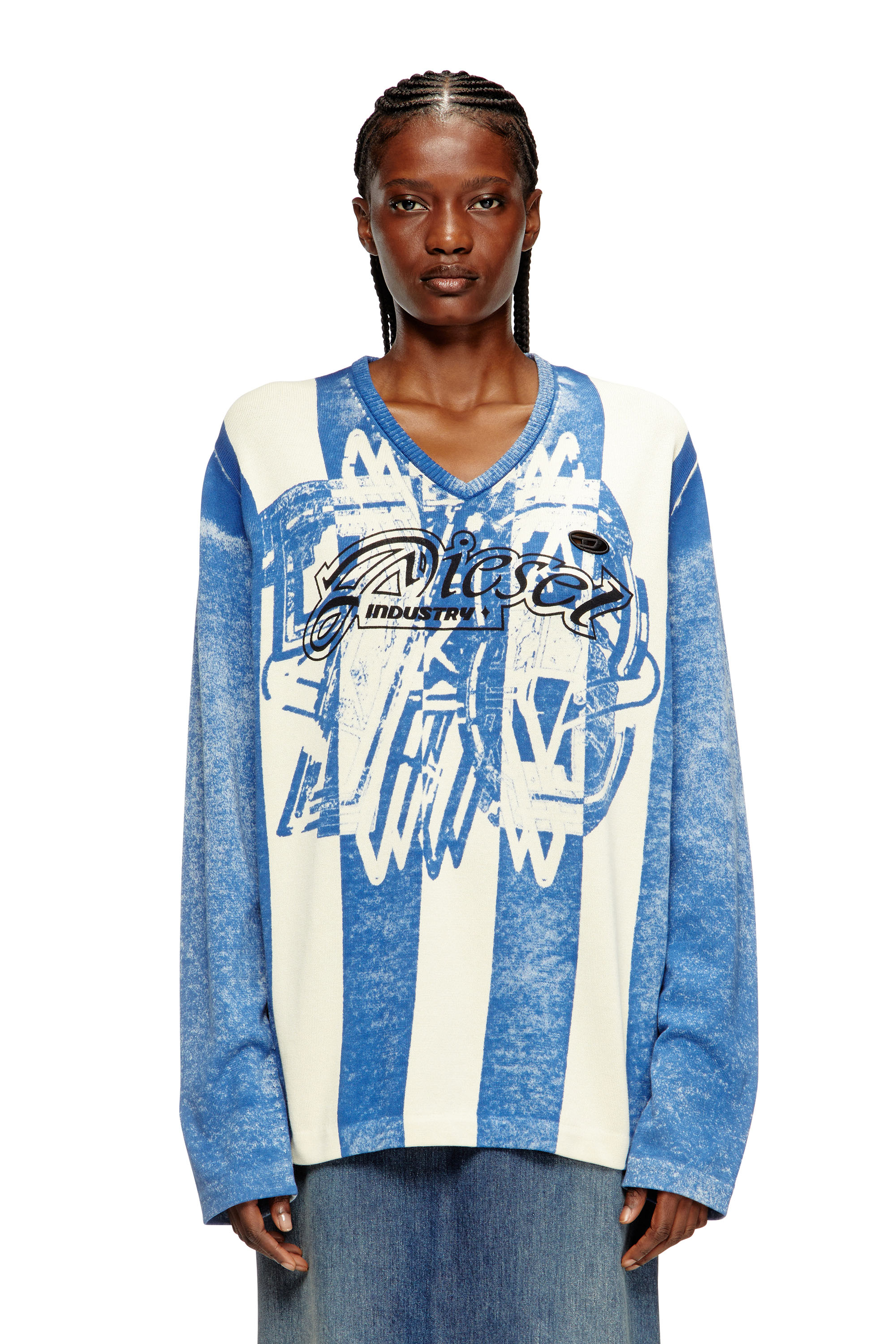 Diesel - K-OLIBA-V, Unisex Gestreifter Pullover mit Innen-Print in Blau/Weiss - 1