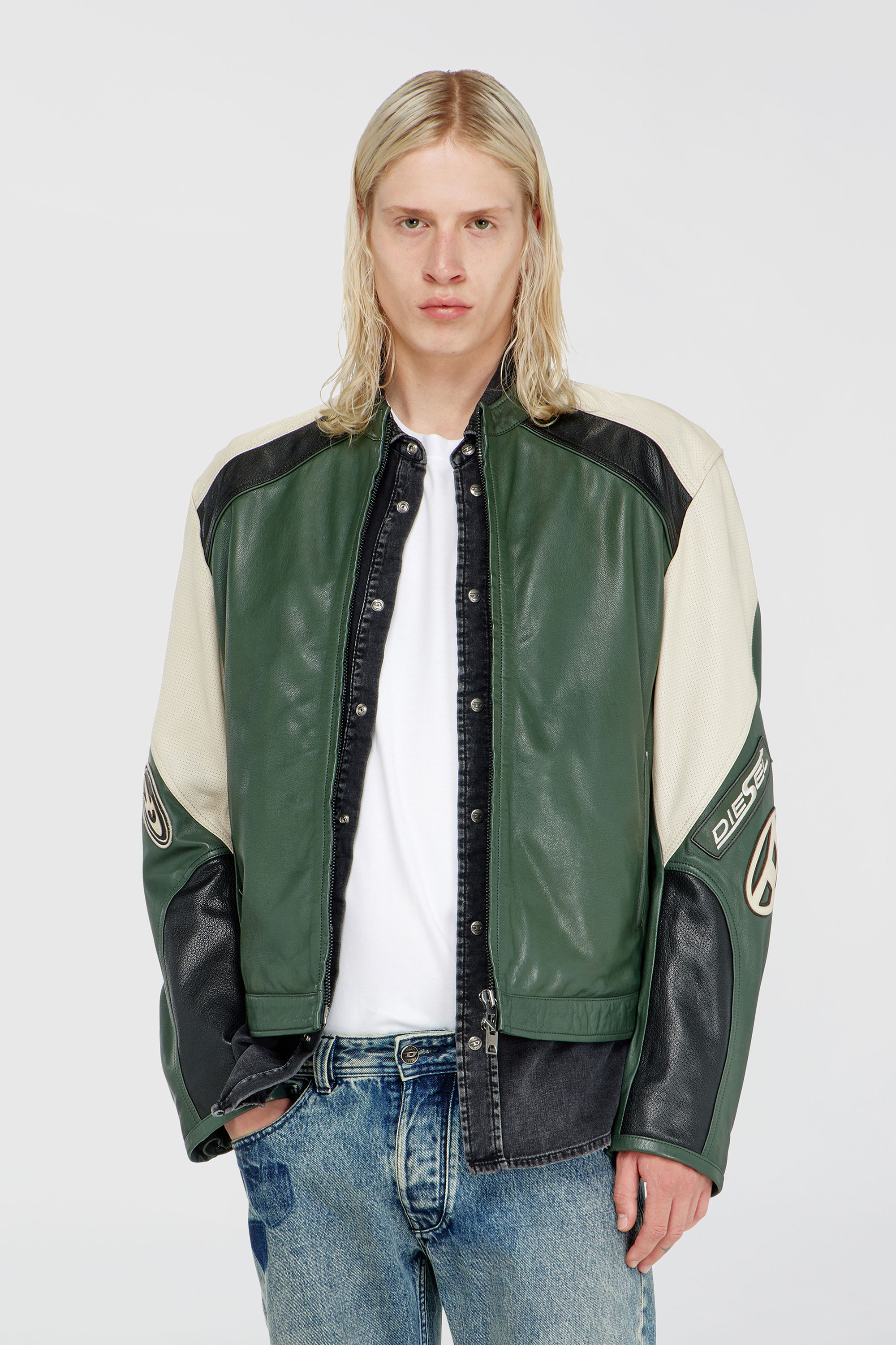 Diesel - L-AHTI, Herren Bikerjacke aus perforiertem Colour-Block-Leder in Beige/Schwarz - 3