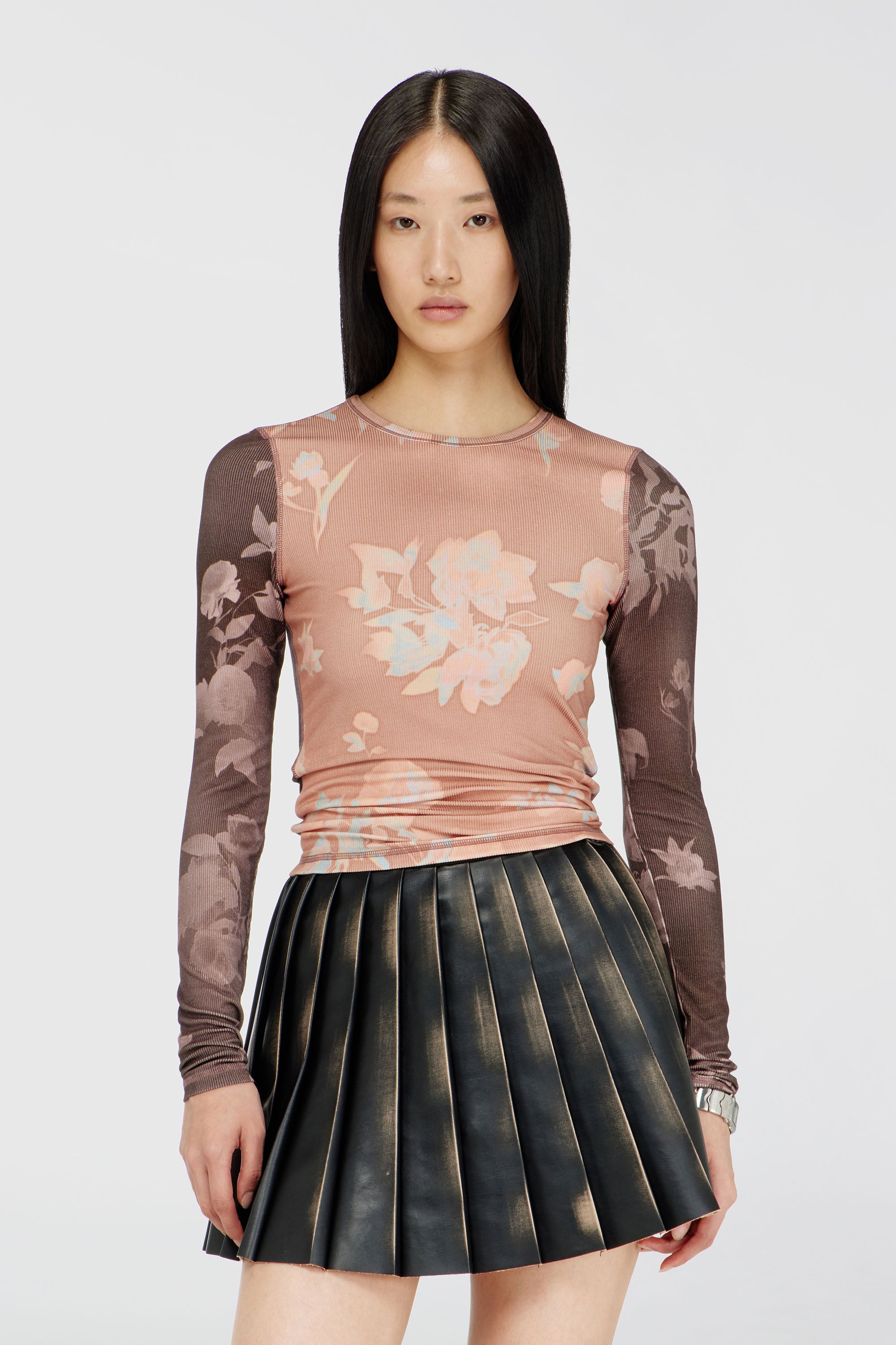 Diesel - T-MOKY-LS, Damen Top aus geripptem Jersey mit Blumenprint in Rosa/Braun - 1